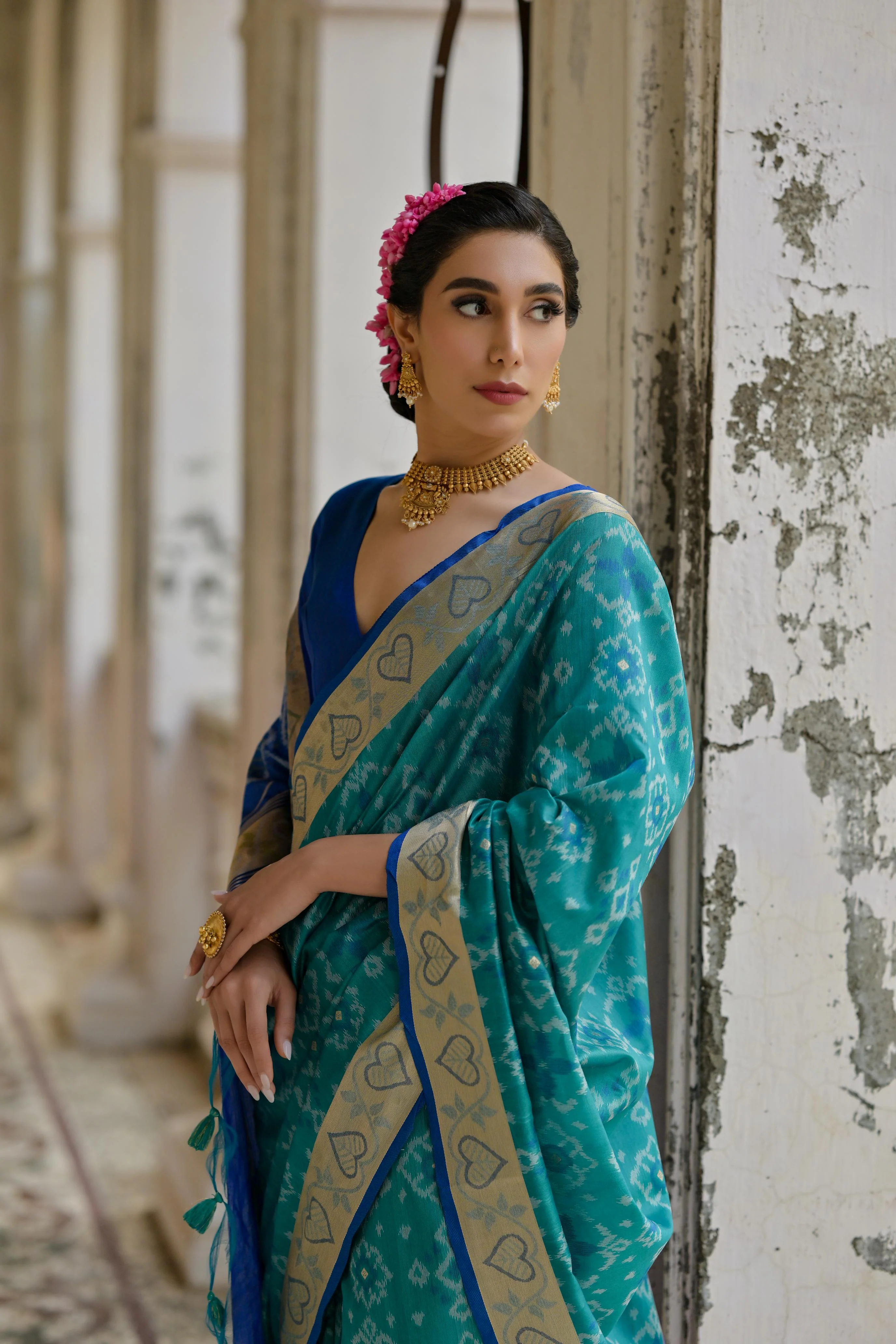 Jyoti Fashion Women's Firozi Soft Raw Silk Zari Woven Saree with Blouse - Image 4
