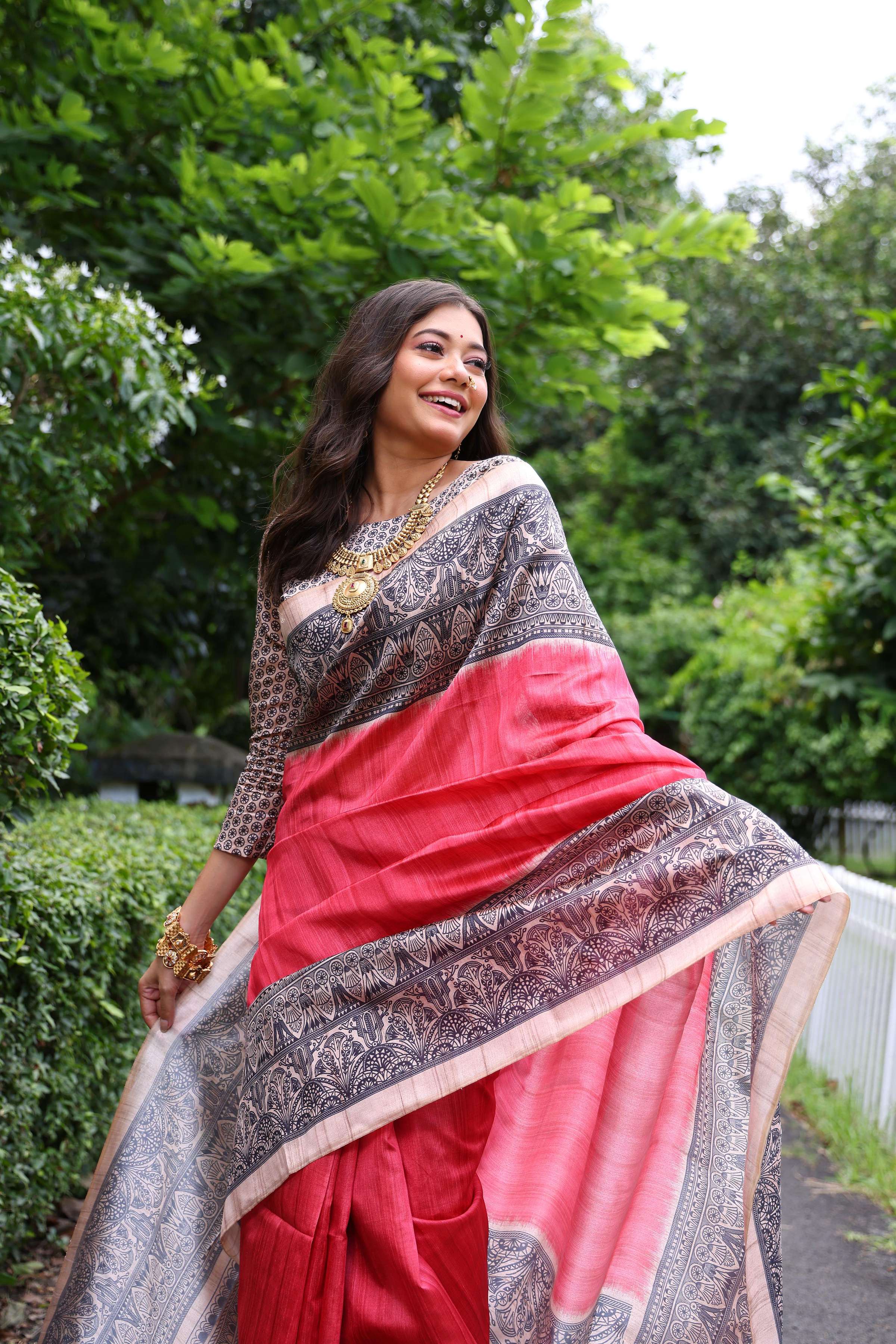 Jyoti Fashion Women's Gajri Soft Tussar Silk Madhubani Printed Saree with Blouse - Image 2