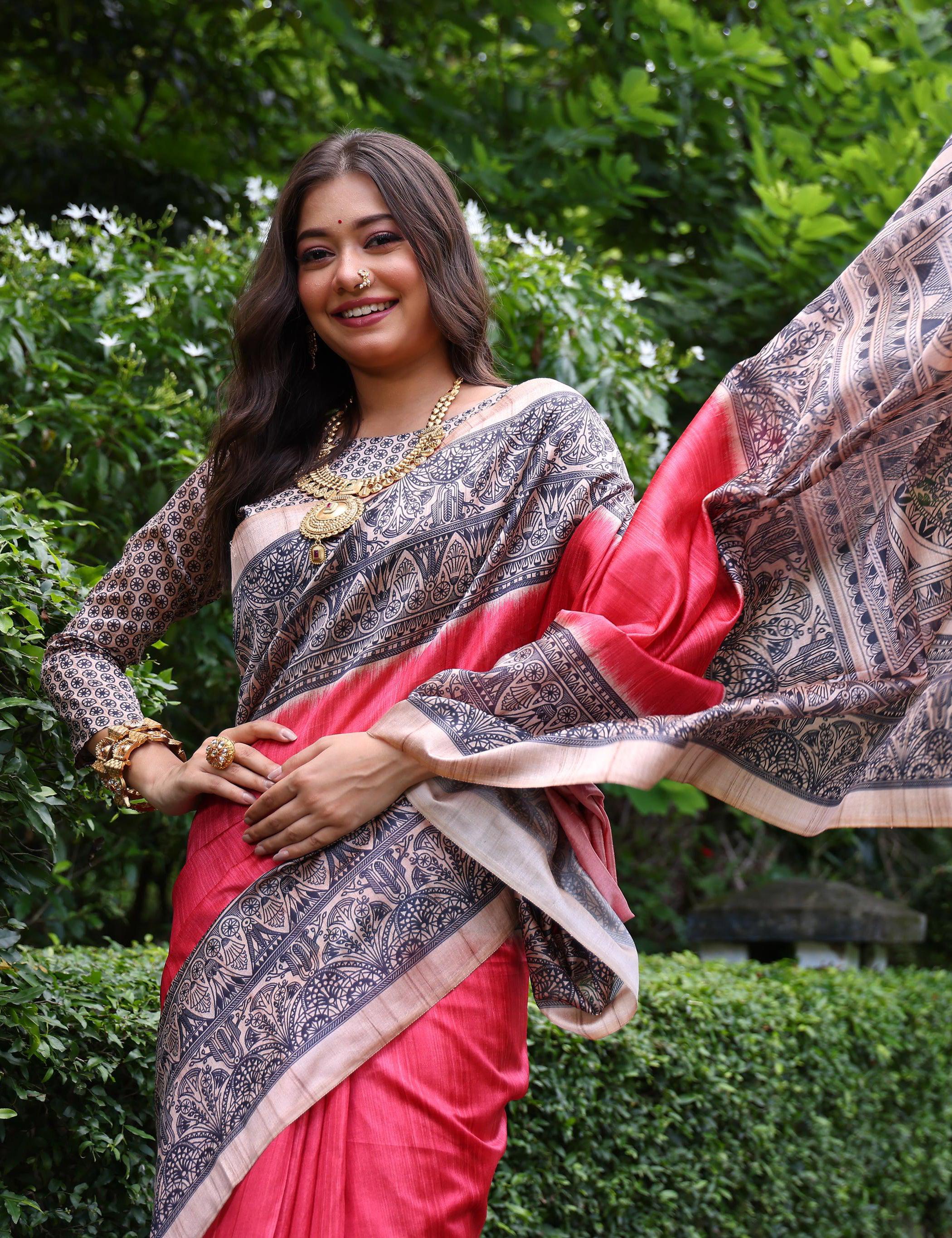 Jyoti Fashion Women's Gajri Soft Tussar Silk Madhubani Printed Saree with Blouse - Image 3