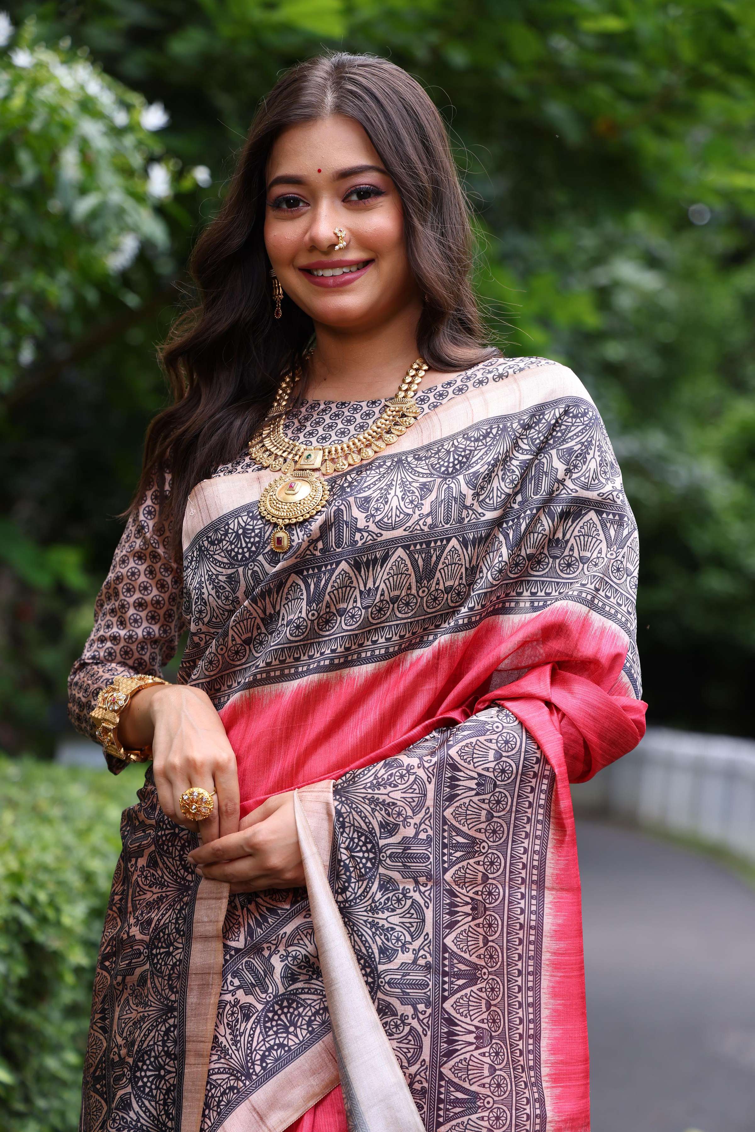 Jyoti Fashion Women's Gajri Soft Tussar Silk Madhubani Printed Saree with Blouse - Image 4