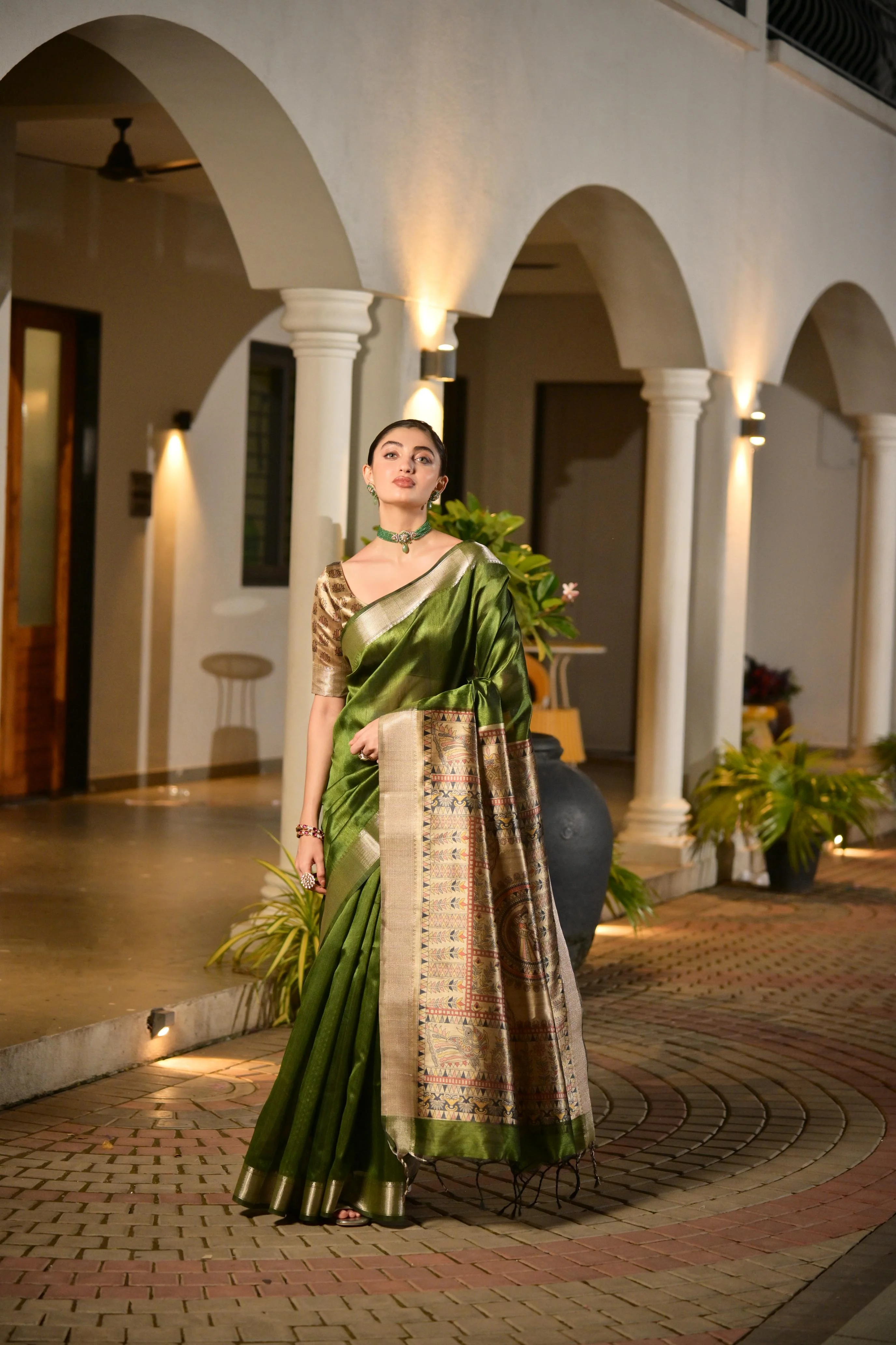 Jyoti Fashion Women's Green Soft Khadi Raw Silk Zari Woven Saree with Blouse
