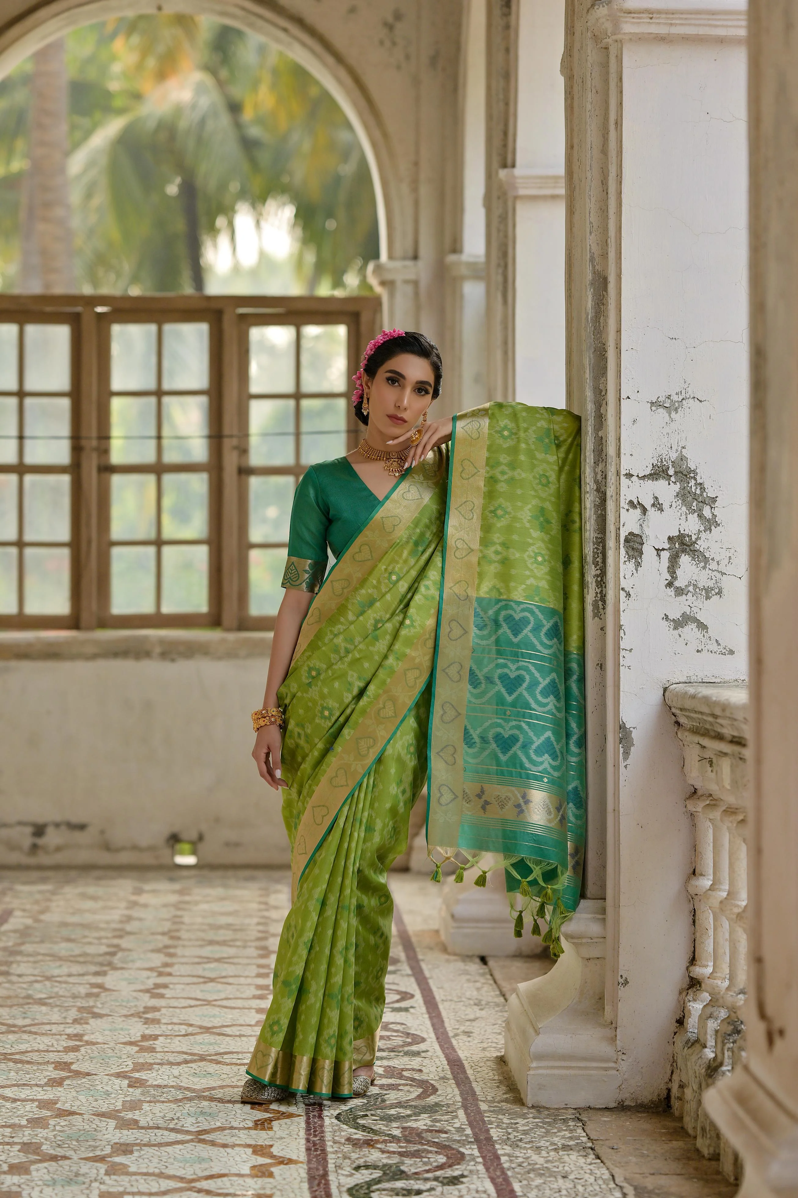 Jyoti Fashion Women's Green Soft Raw Silk Zari Woven Saree with Blouse - Image 3