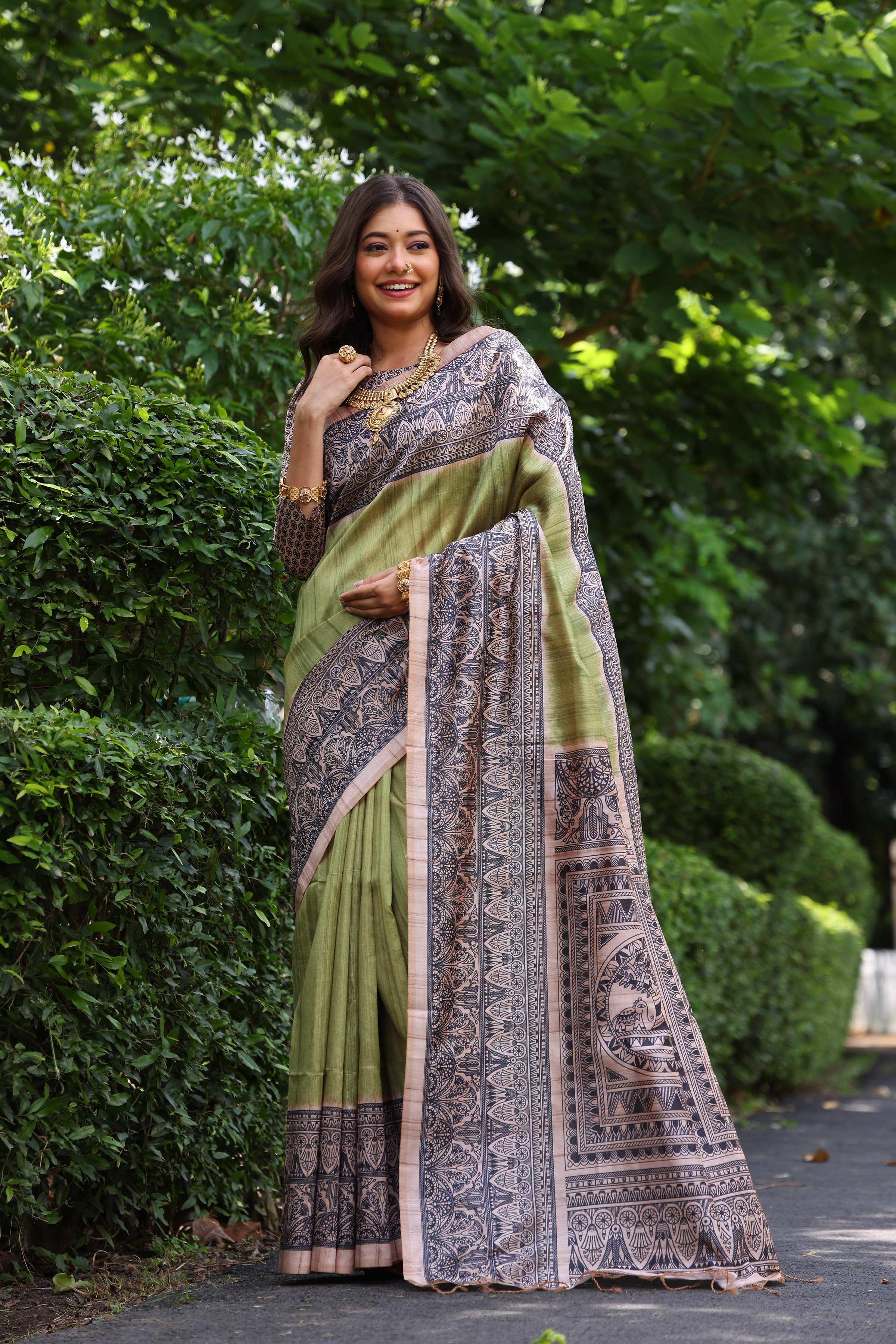 Jyoti Fashion Women's Green Soft Tussar Silk Madhubani Printed Saree with Blouse - Image 2