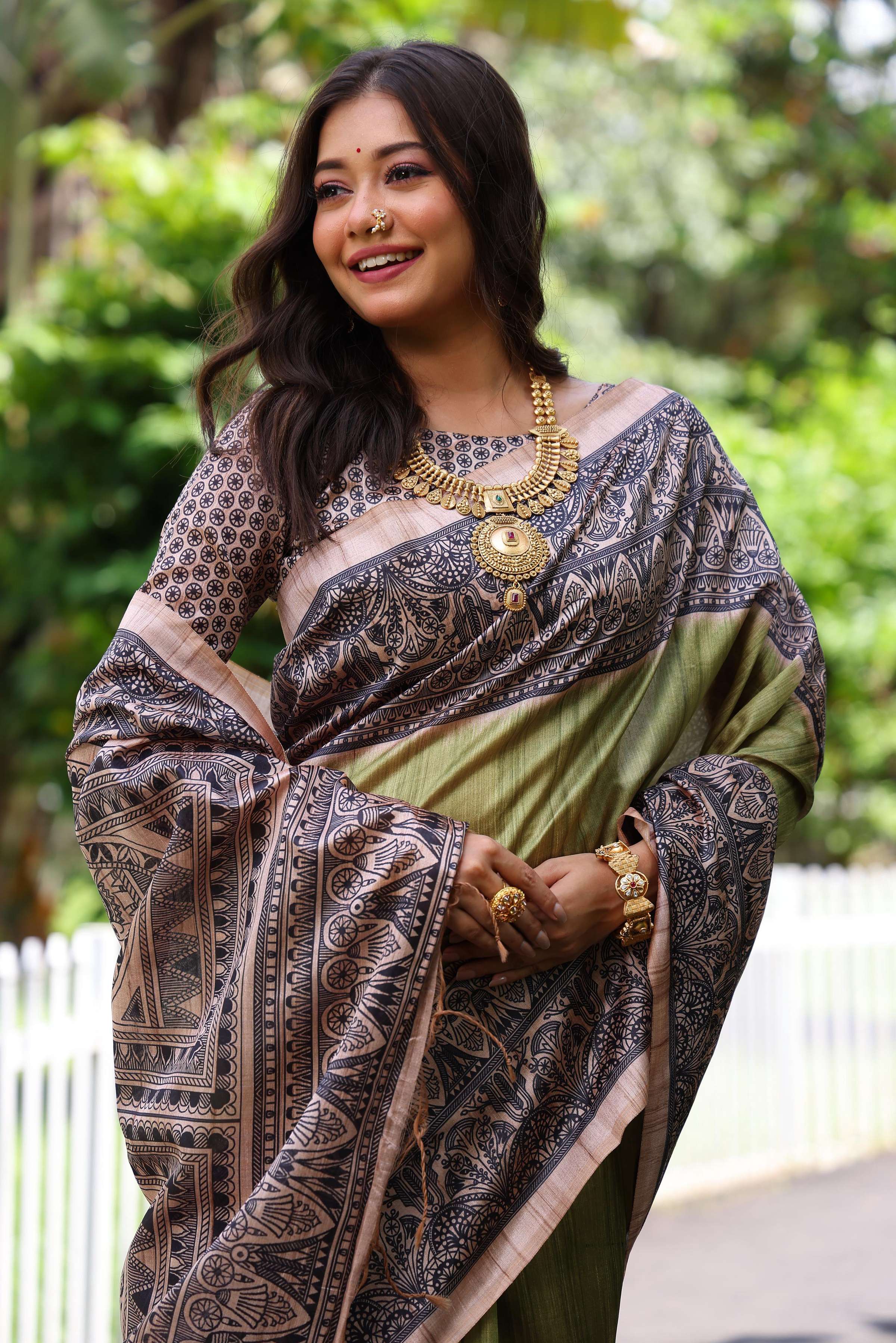 Jyoti Fashion Women's Green Soft Tussar Silk Madhubani Printed Saree with Blouse - Image 4