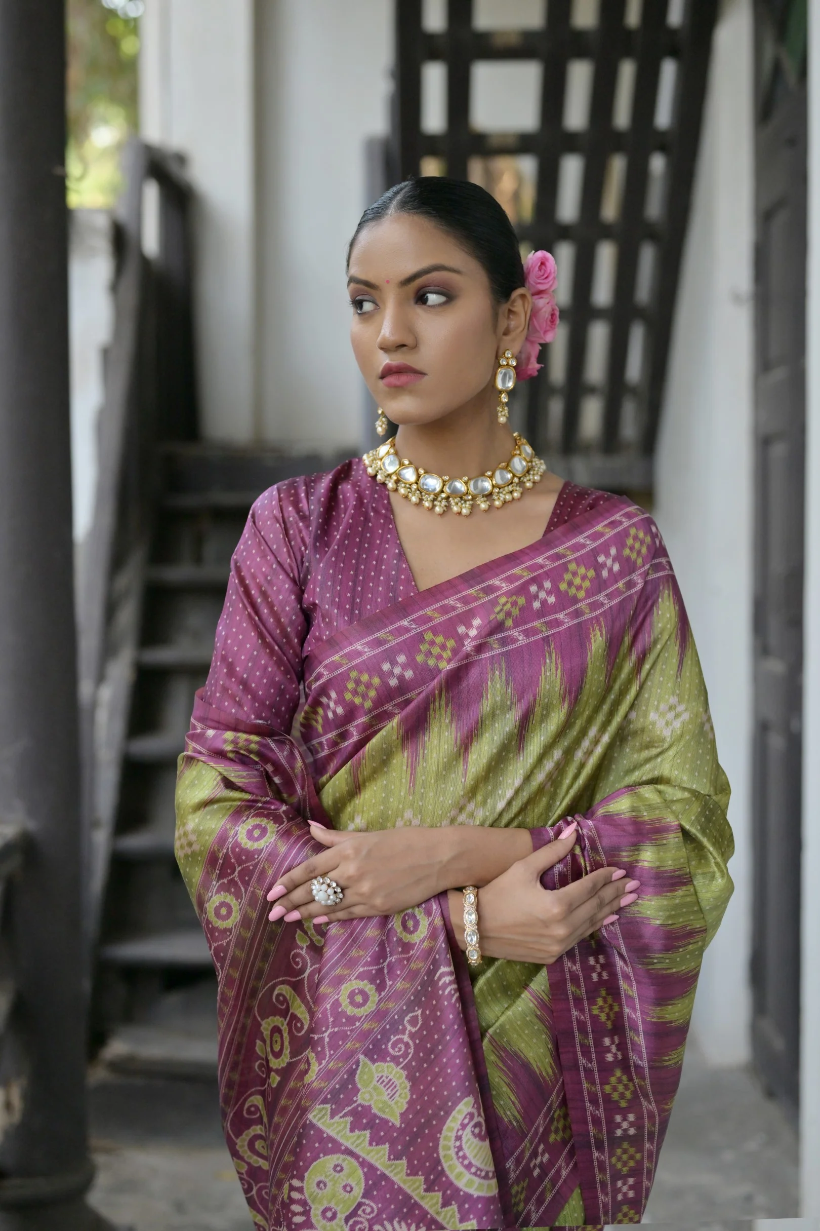 Jyoti Fashion Women's Green Soft Tussar Silk Temple Border Saree with Blouse - Image 2