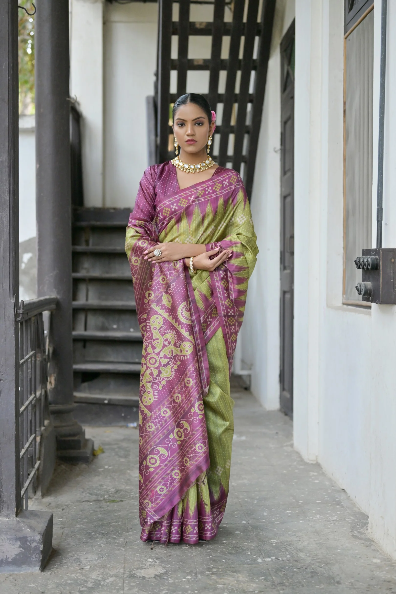Jyoti Fashion Women's Green Soft Tussar Silk Temple Border Saree with Blouse - Image 3