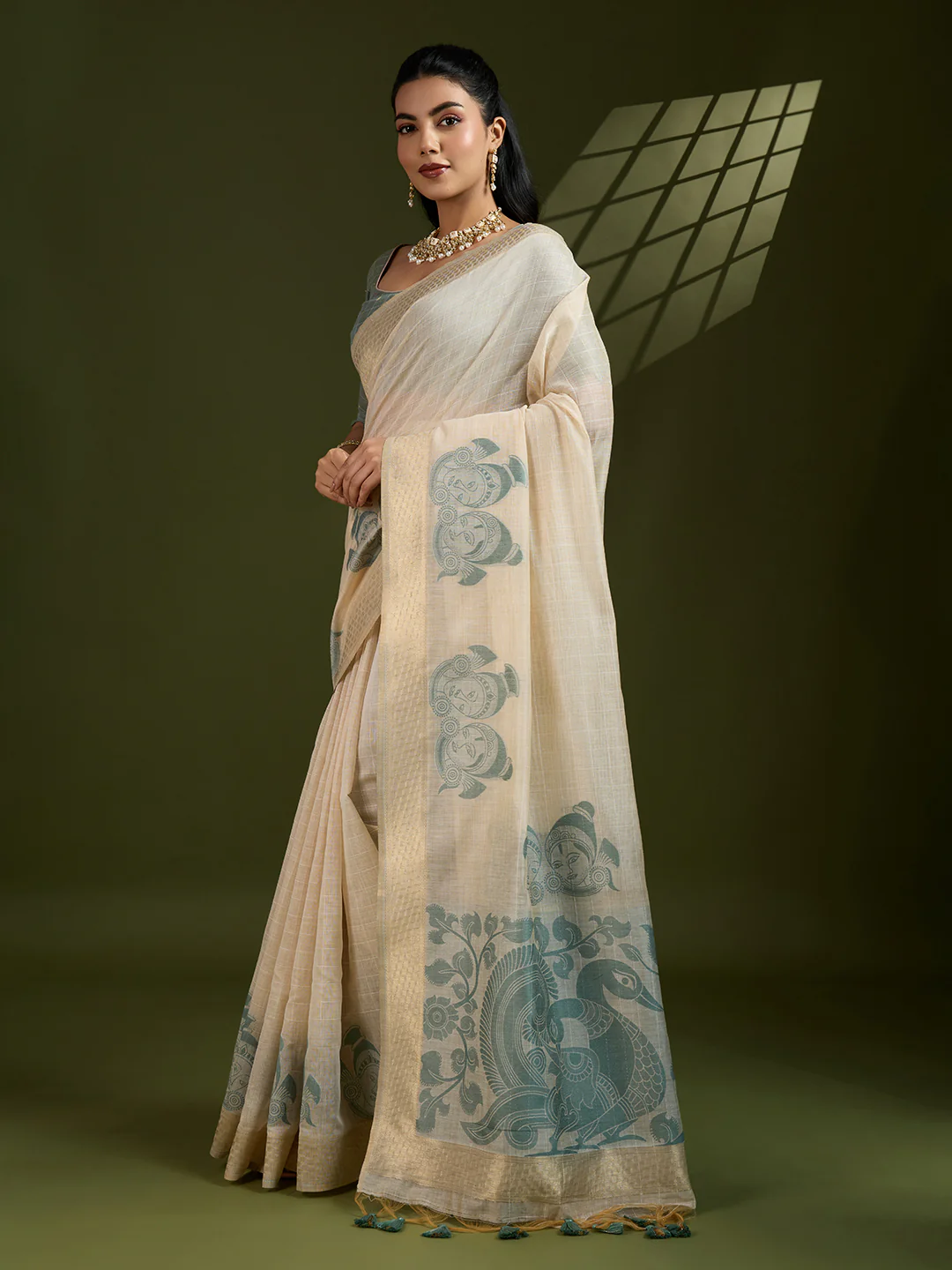 Jyoti Fashion Women's Grey Soft Muga Cotton Kalamkari Woven Saree with Blouse - Image 2