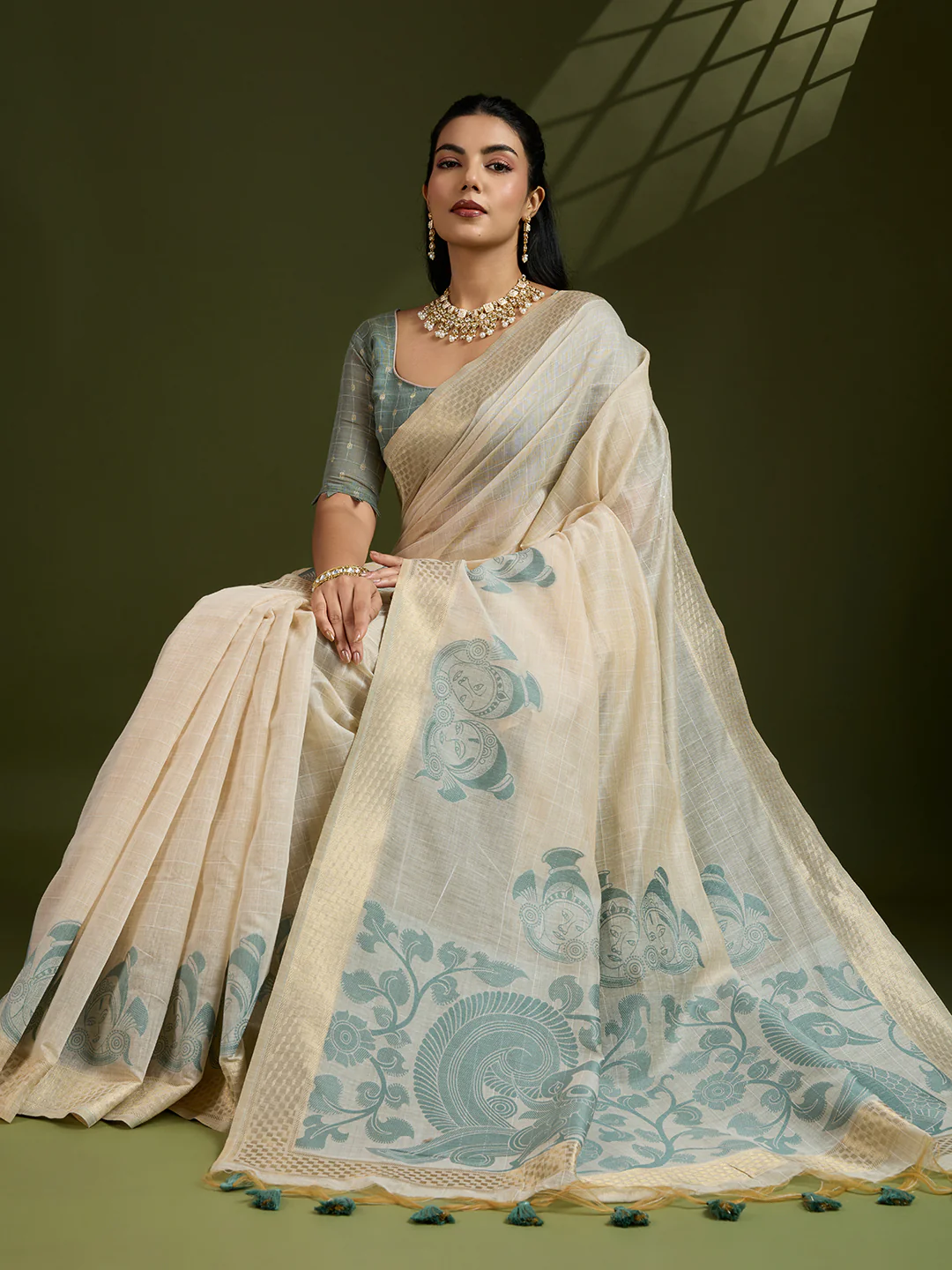 Jyoti Fashion Women's Grey Soft Muga Cotton Kalamkari Woven Saree with Blouse - Image 3
