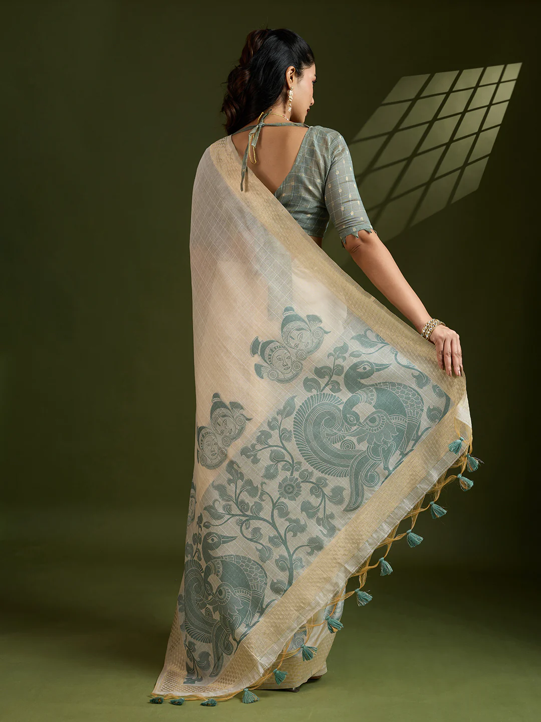 Jyoti Fashion Women's Grey Soft Muga Cotton Kalamkari Woven Saree with Blouse - Image 5