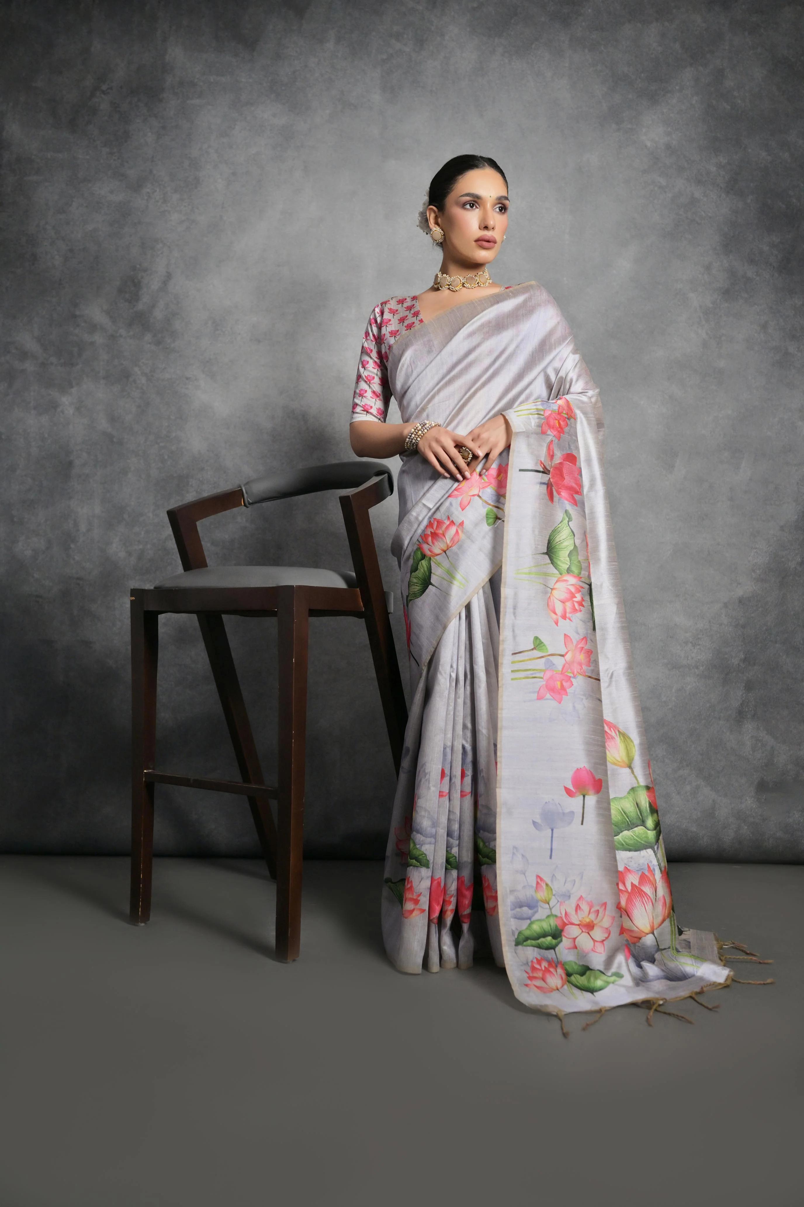 Jyoti Fashion Women's Grey Soft Tussar Silk Floral Printed Saree with Blouse