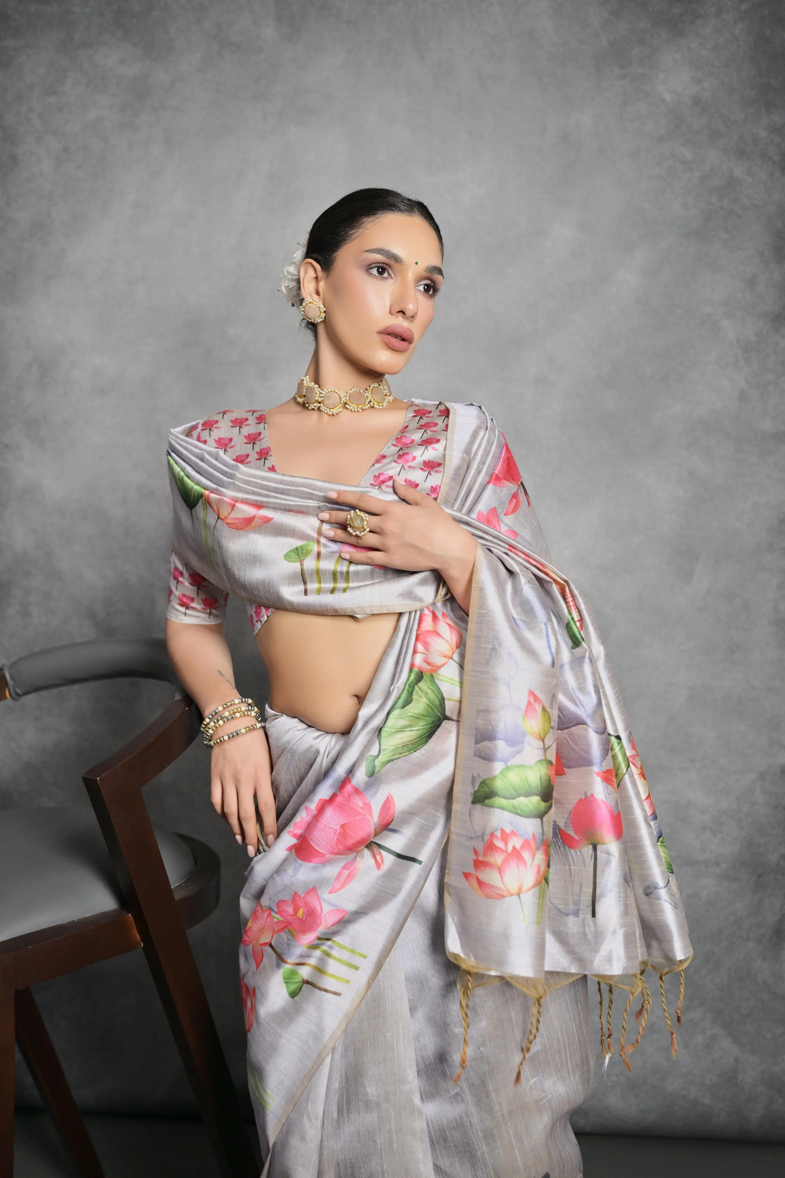 Jyoti Fashion Women's Grey Soft Tussar Silk Floral Printed Saree with Blouse - Image 3