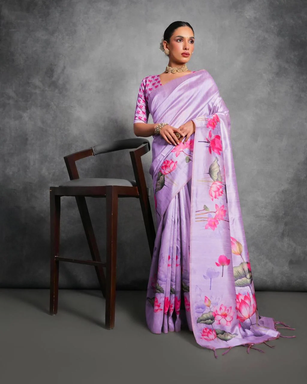 Jyoti Fashion Women's Lavender Soft Tussar Silk Floral Printed Saree with Blouse