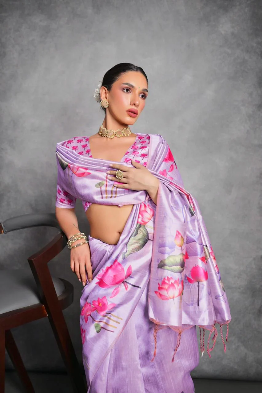 Jyoti Fashion Women's Lavender Soft Tussar Silk Floral Printed Saree with Blouse - Image 2