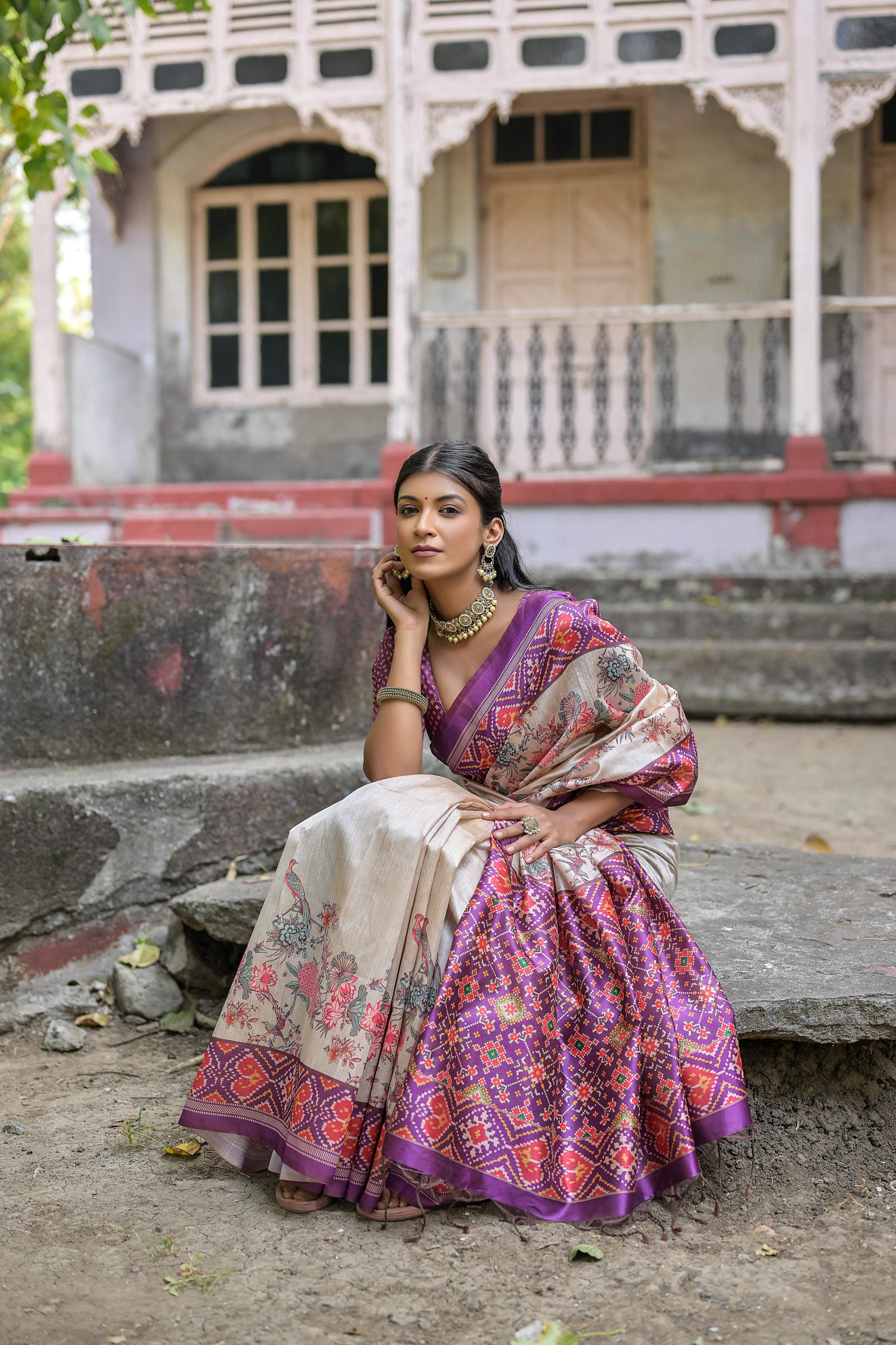Jyoti Fashion Women's Lavender Soft Tussar Silk Floral Printed Saree with Blouse - Image 2