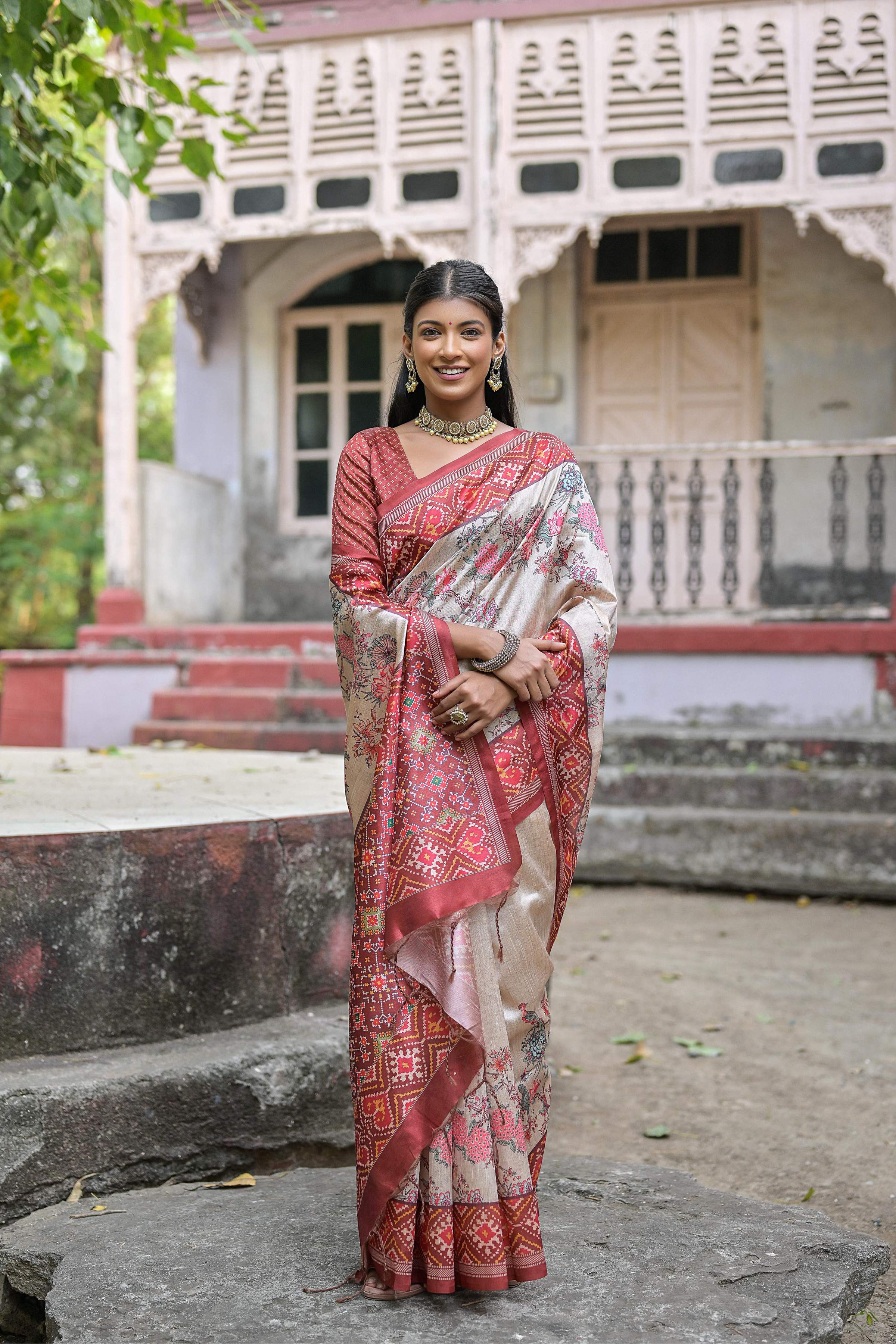 Jyoti Fashion Women's Maroon Soft Tussar Silk Floral Printed Saree with Blouse - Image 2