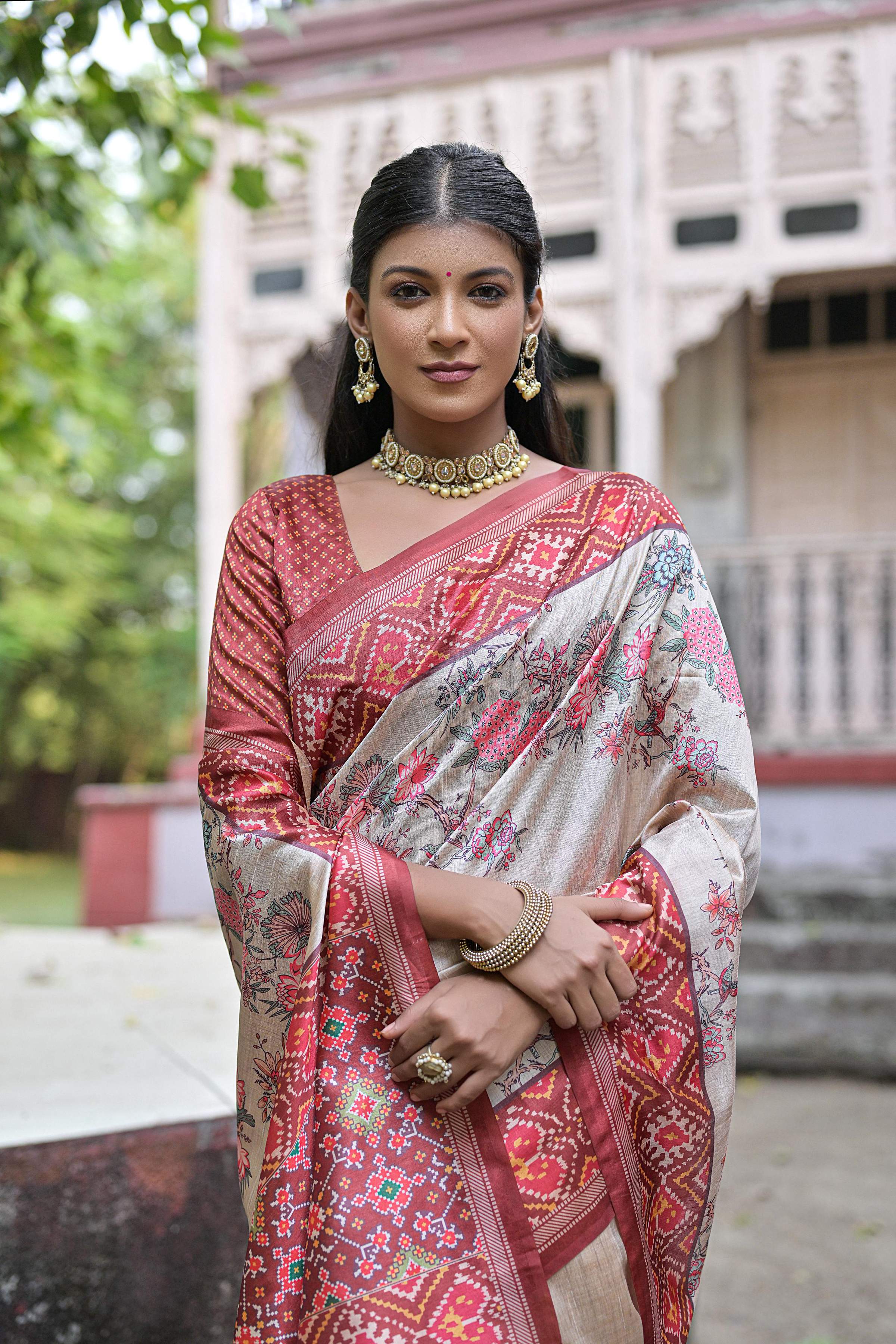 Jyoti Fashion Women's Maroon Soft Tussar Silk Floral Printed Saree with Blouse - Image 3