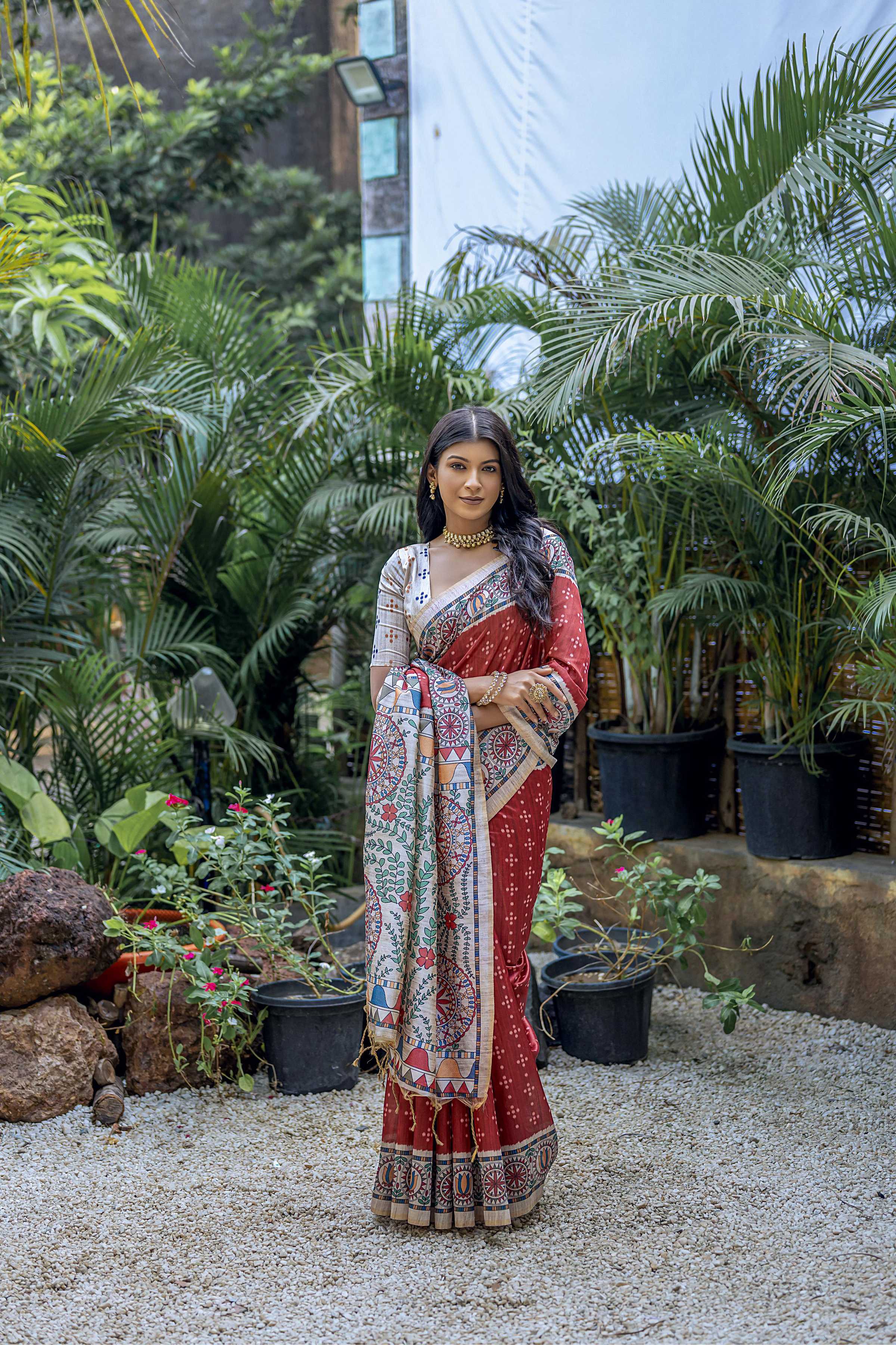Jyoti Fashion Women's Maroon Soft Tussar Silk Madhubani Printed Saree with Blouse - Image 2
