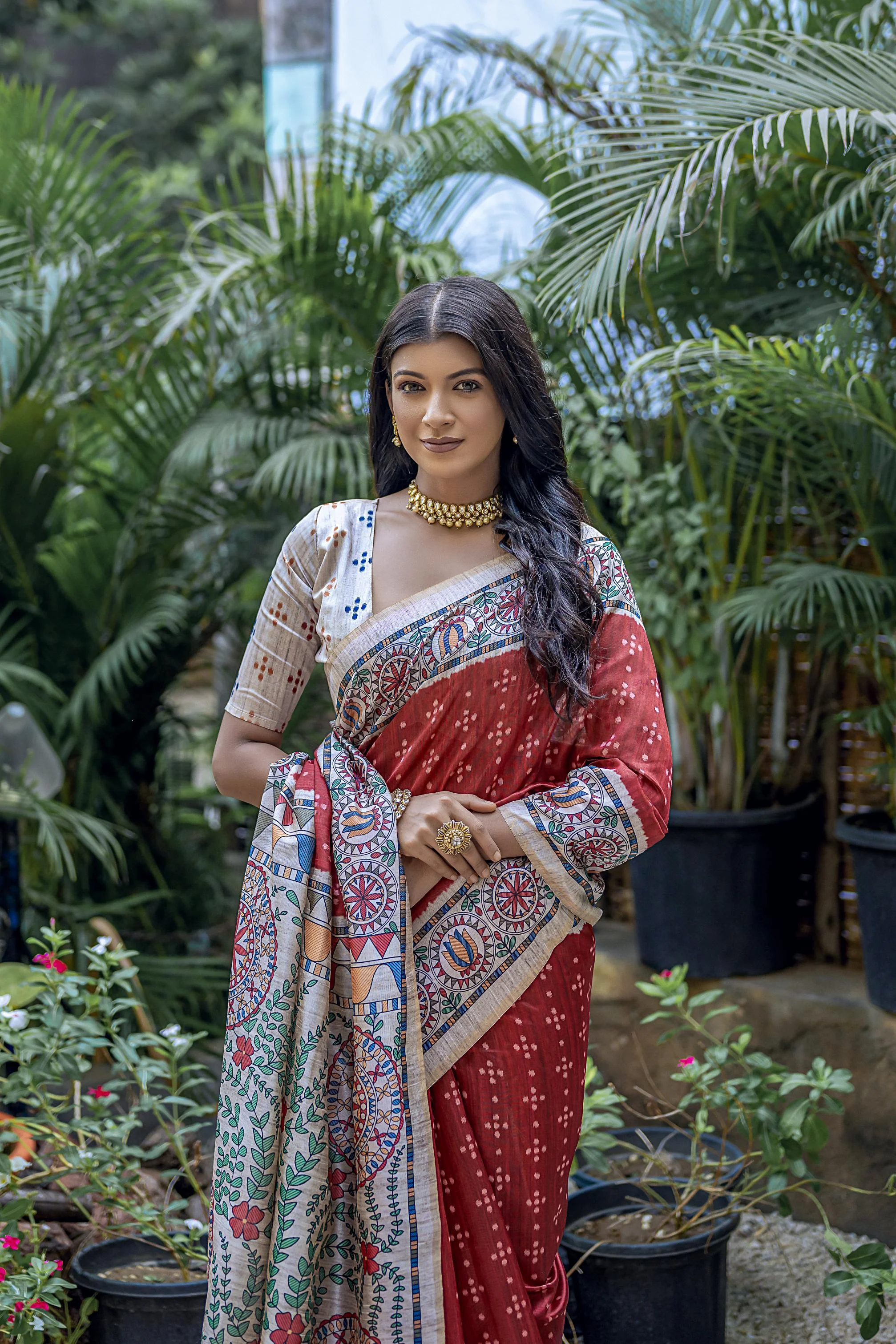 Jyoti Fashion Women's Maroon Soft Tussar Silk Madhubani Printed Saree with Blouse - Image 3