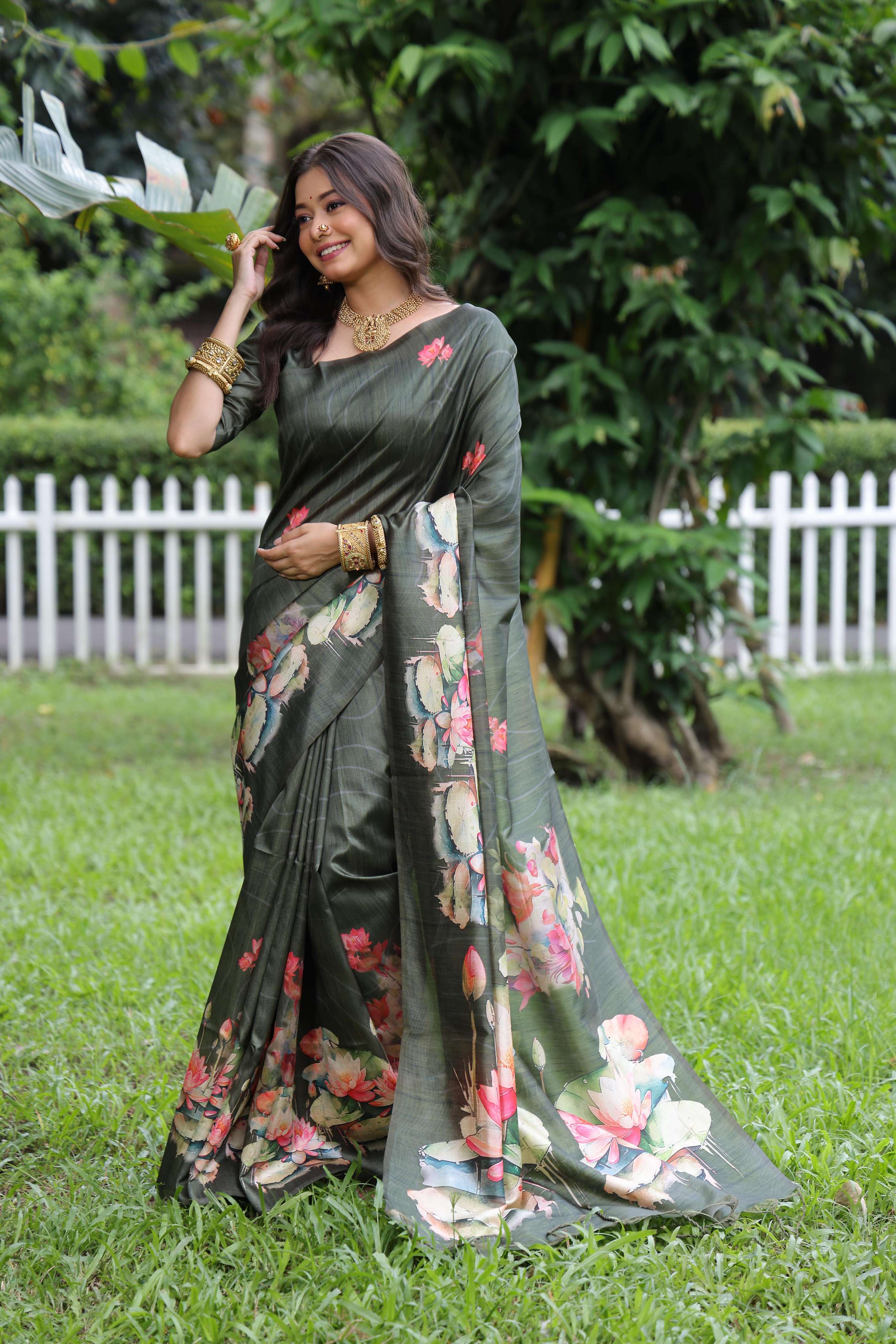Jyoti Fashion Women's Mehendi Soft Tussar Silk Floral Printed Saree with Blouse - Image 2