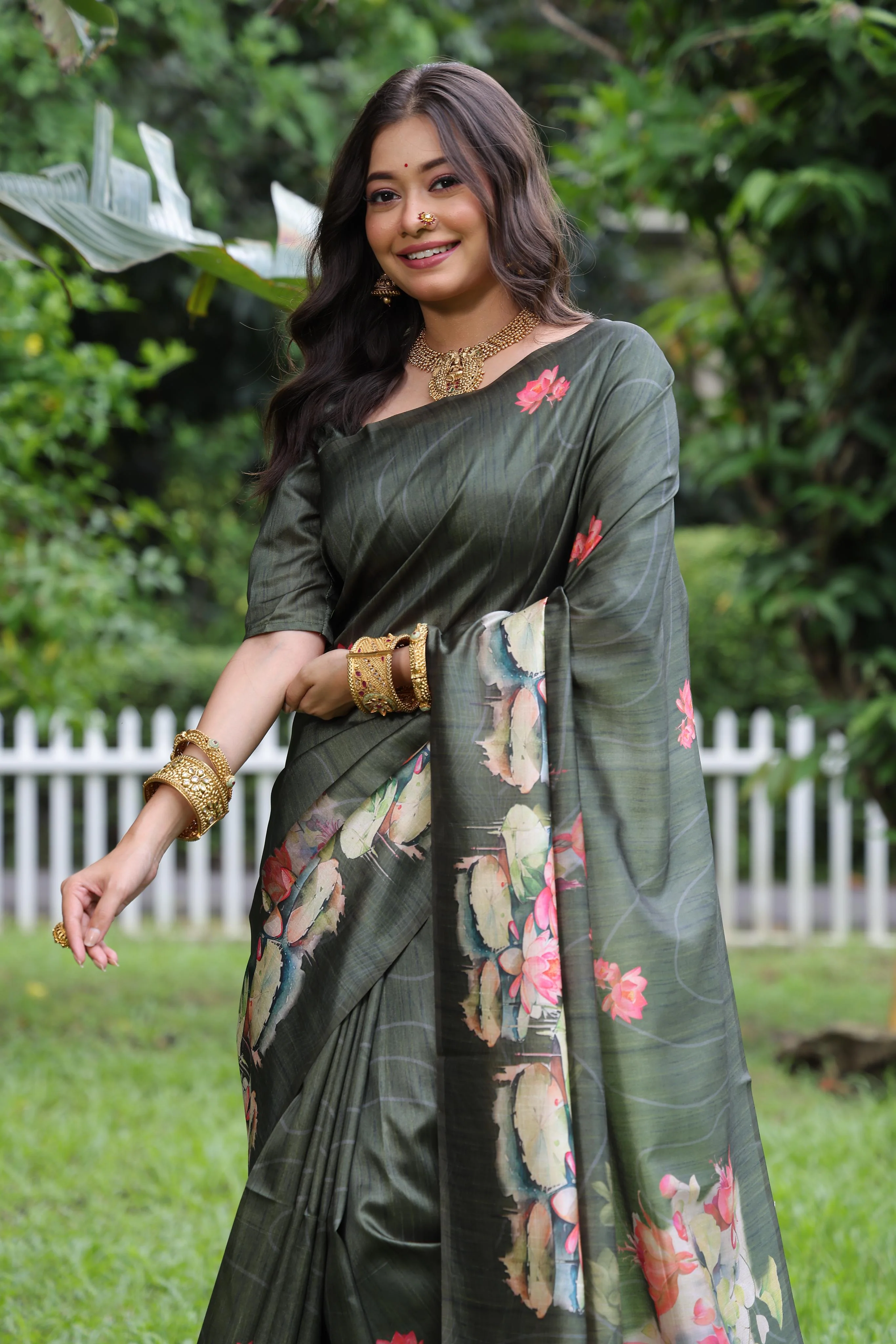 Jyoti Fashion Women's Mehendi Soft Tussar Silk Floral Printed Saree with Blouse - Image 3