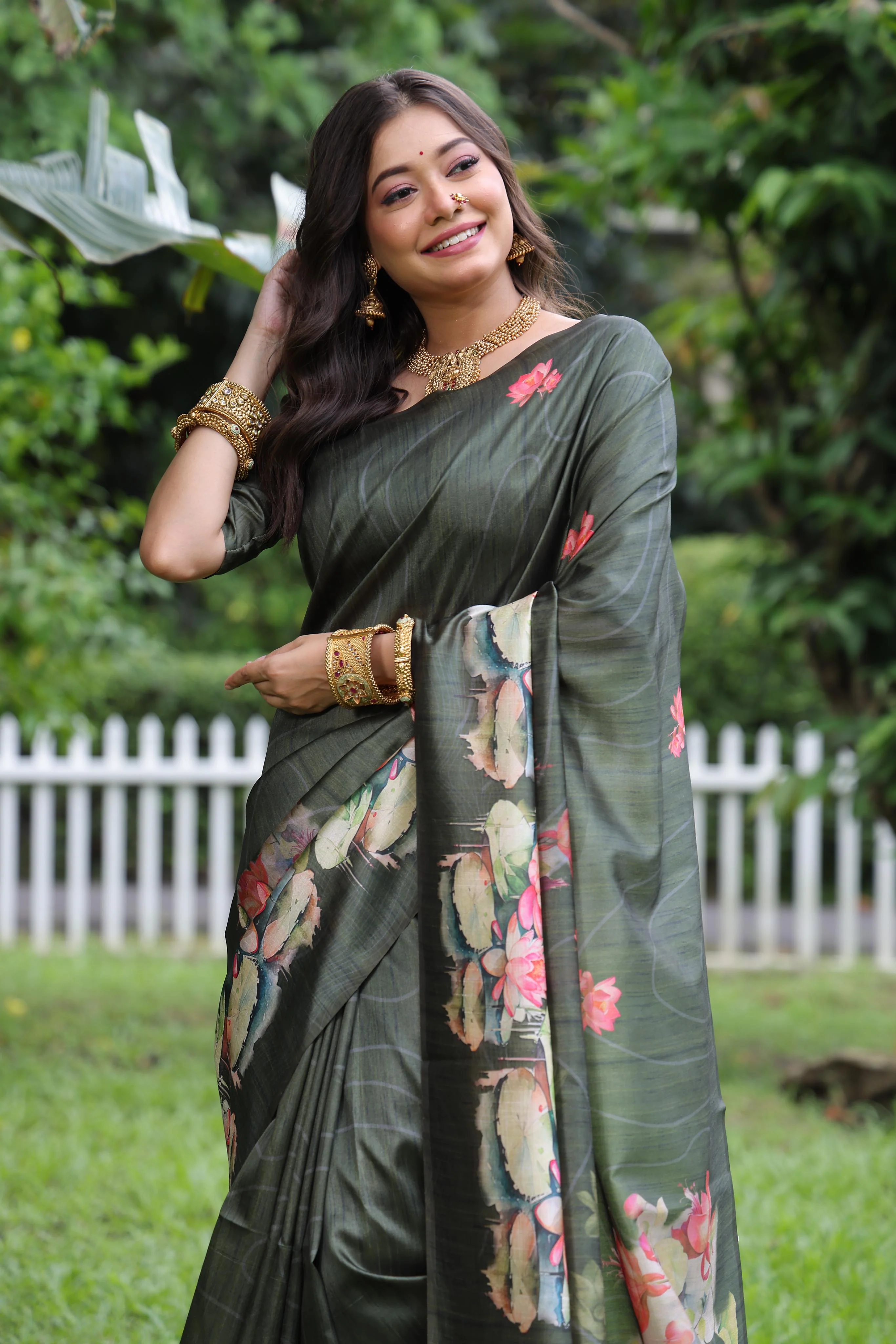 Jyoti Fashion Women's Mehendi Soft Tussar Silk Floral Printed Saree with Blouse - Image 4