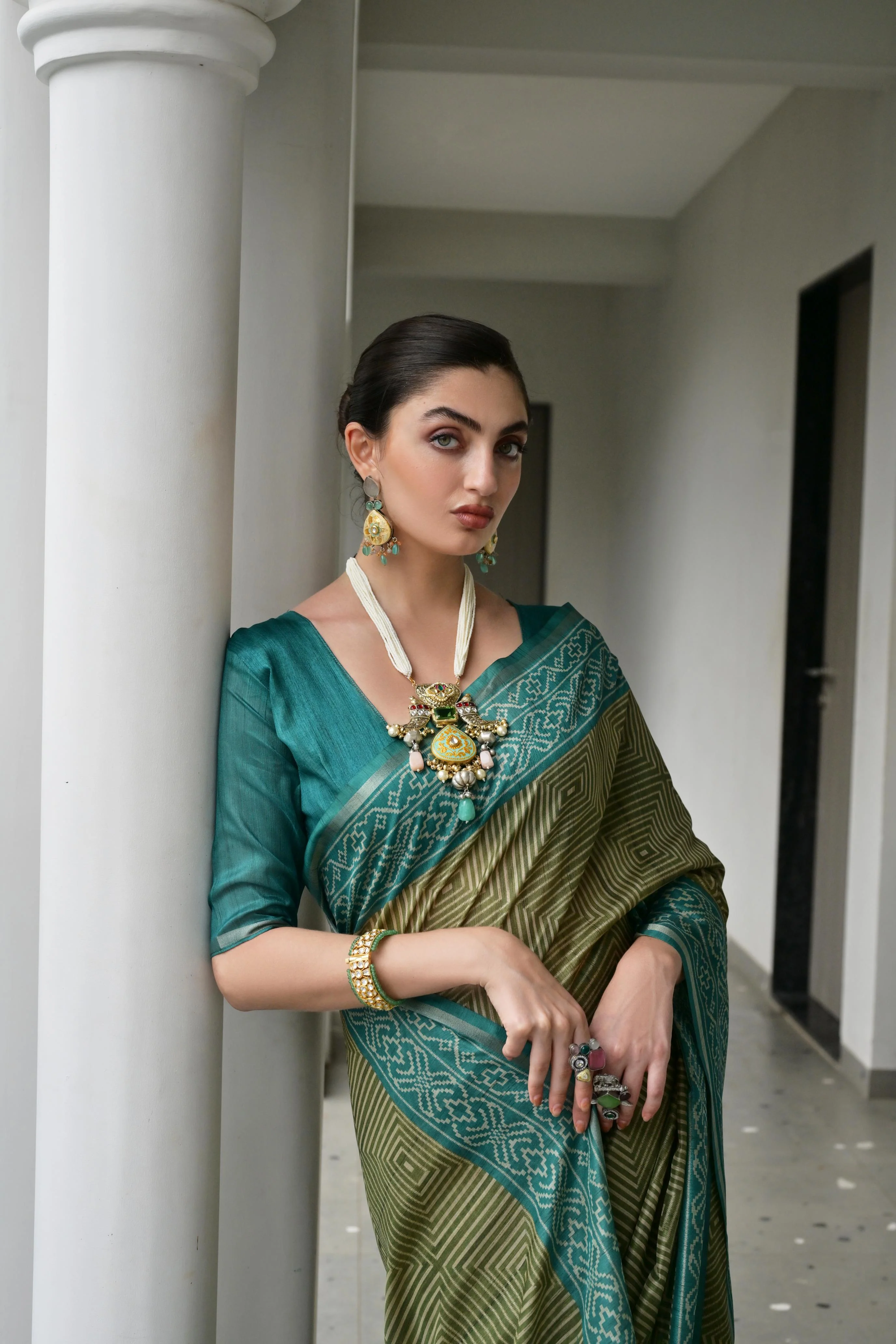 Jyoti Fashion Women's Mehendi Soft Tussar Silk Ikkat Printed Saree with Blouse - Image 2