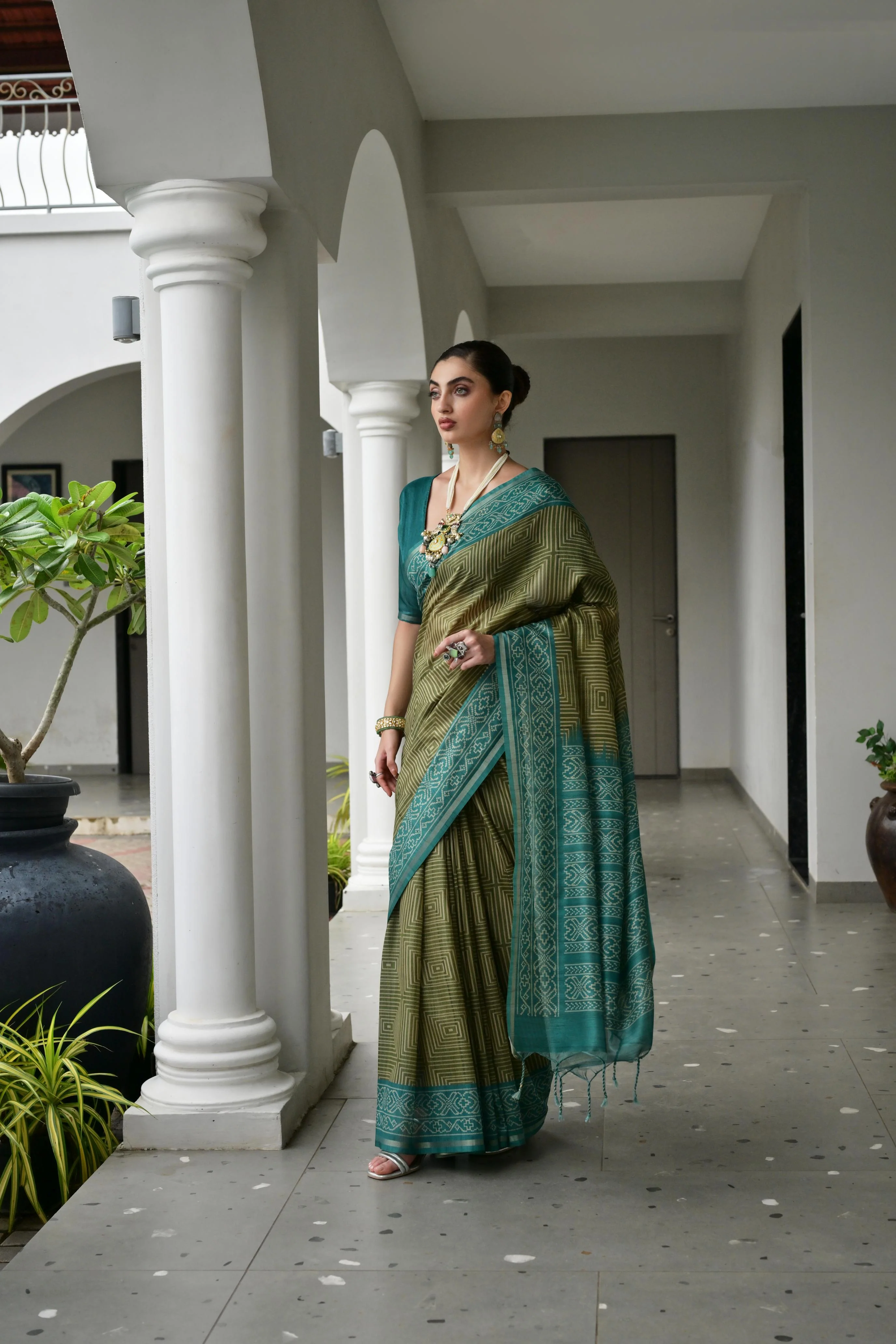 Jyoti Fashion Women's Mehendi Soft Tussar Silk Ikkat Printed Saree with Blouse - Image 3