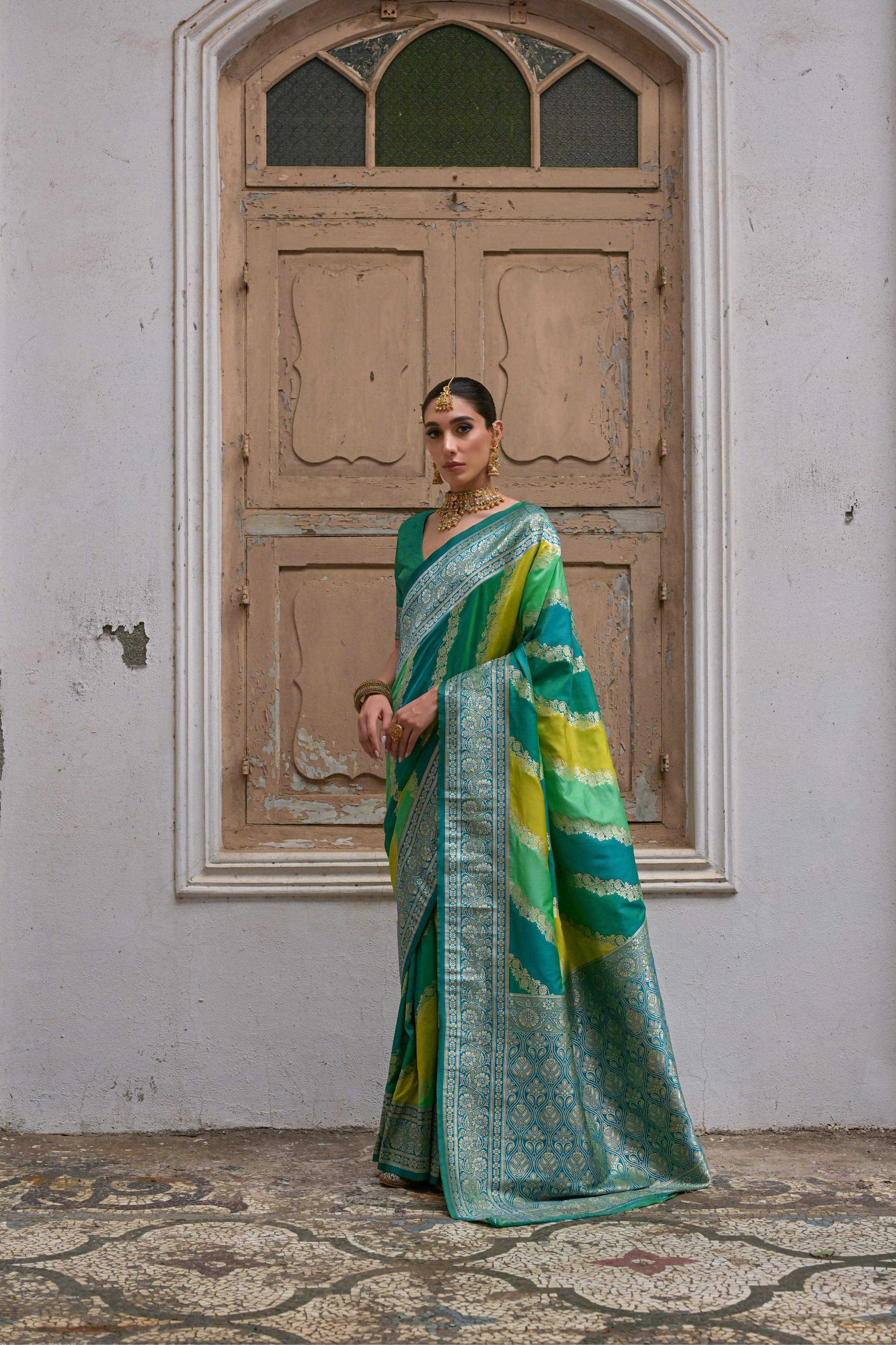 Jyoti Fashion Women's Multicolor Banarasi Silk Zari Woven Saree with Blouse - Image 3