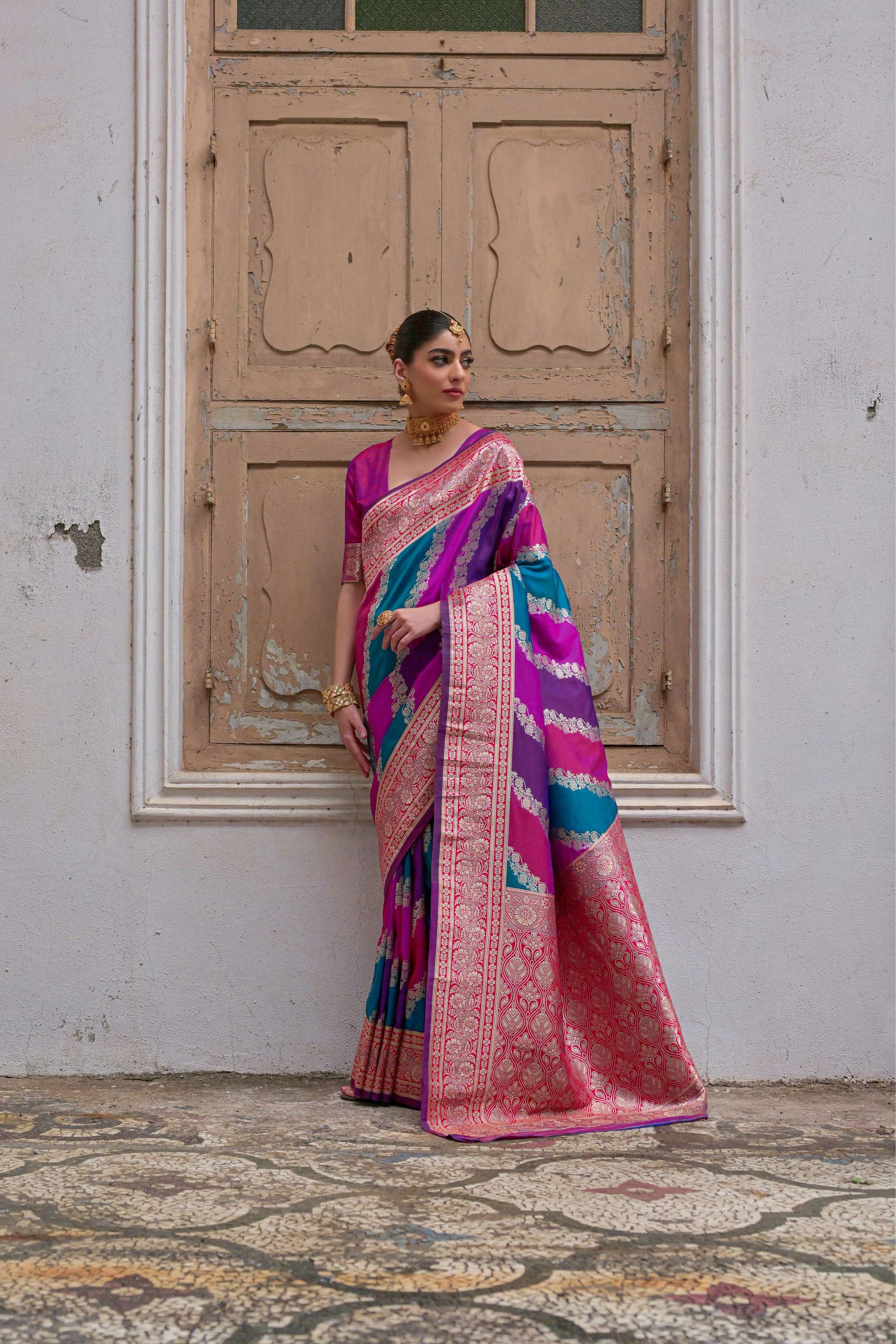 Jyoti Fashion Women's Multicolor Banarasi Silk Zari Woven Saree with Blouse - Image 2