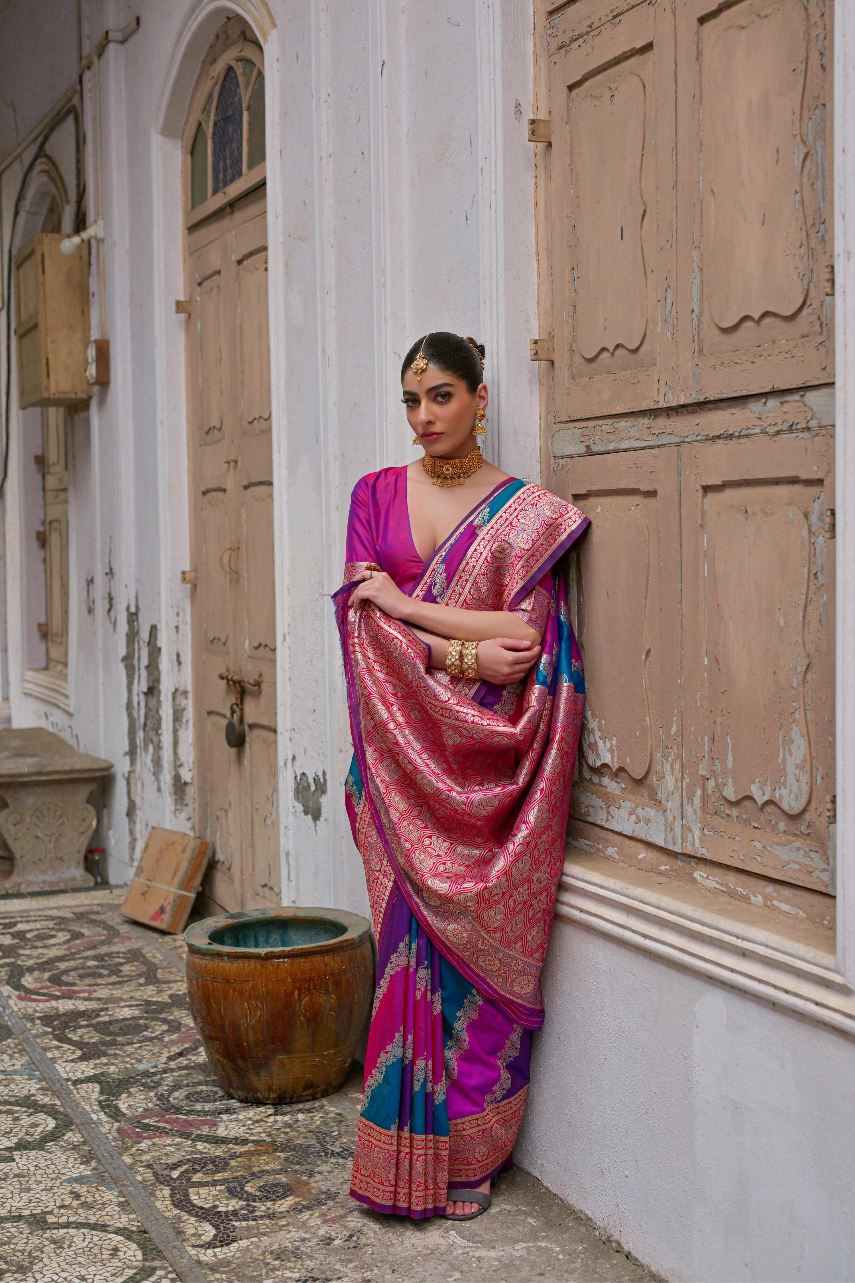 Jyoti Fashion Women's Multicolor Banarasi Silk Zari Woven Saree with Blouse - Image 3