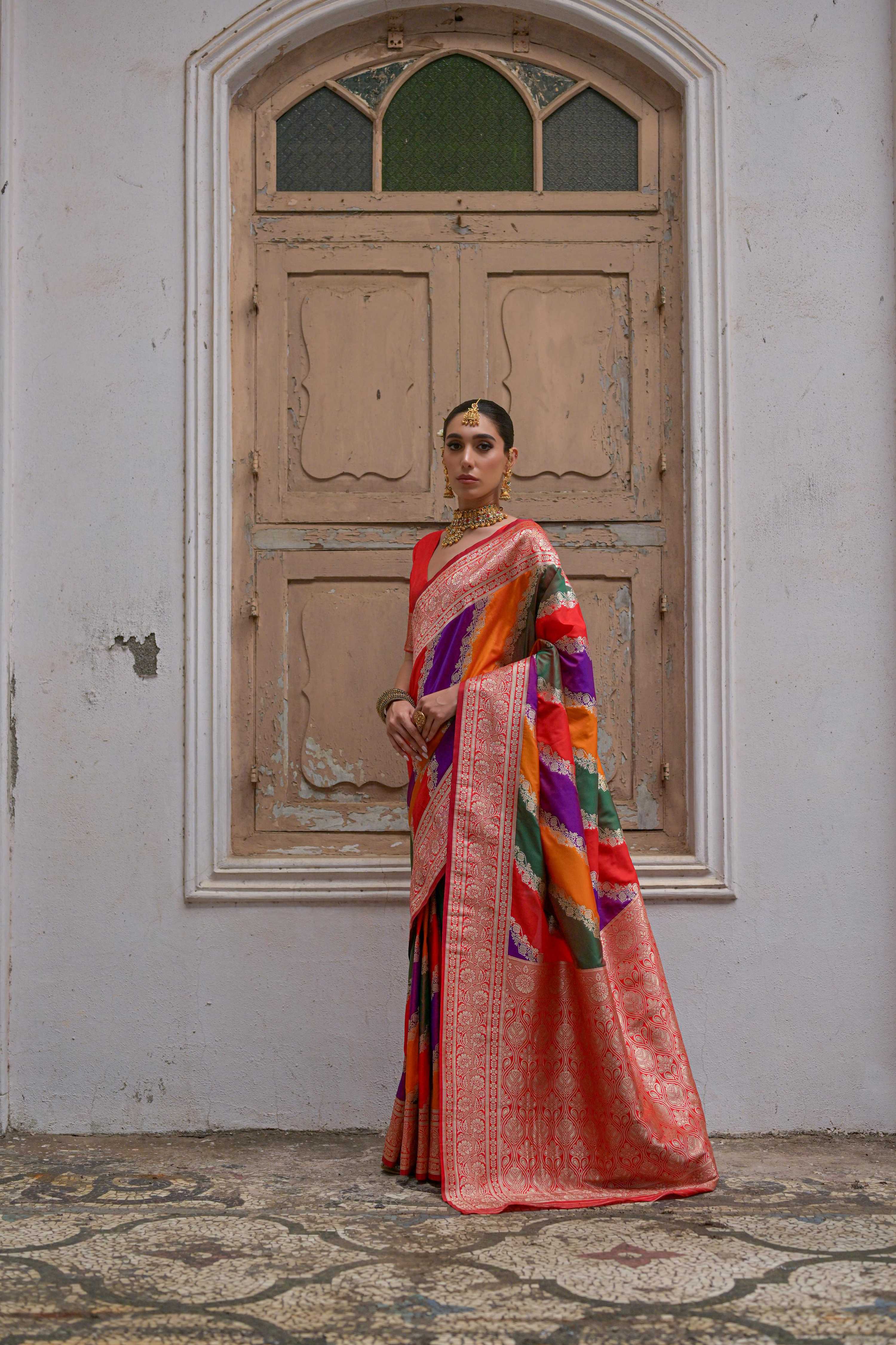 Jyoti Fashion Women's Multicolor Banarasi Silk Zari Woven Saree with Blouse - Image 2