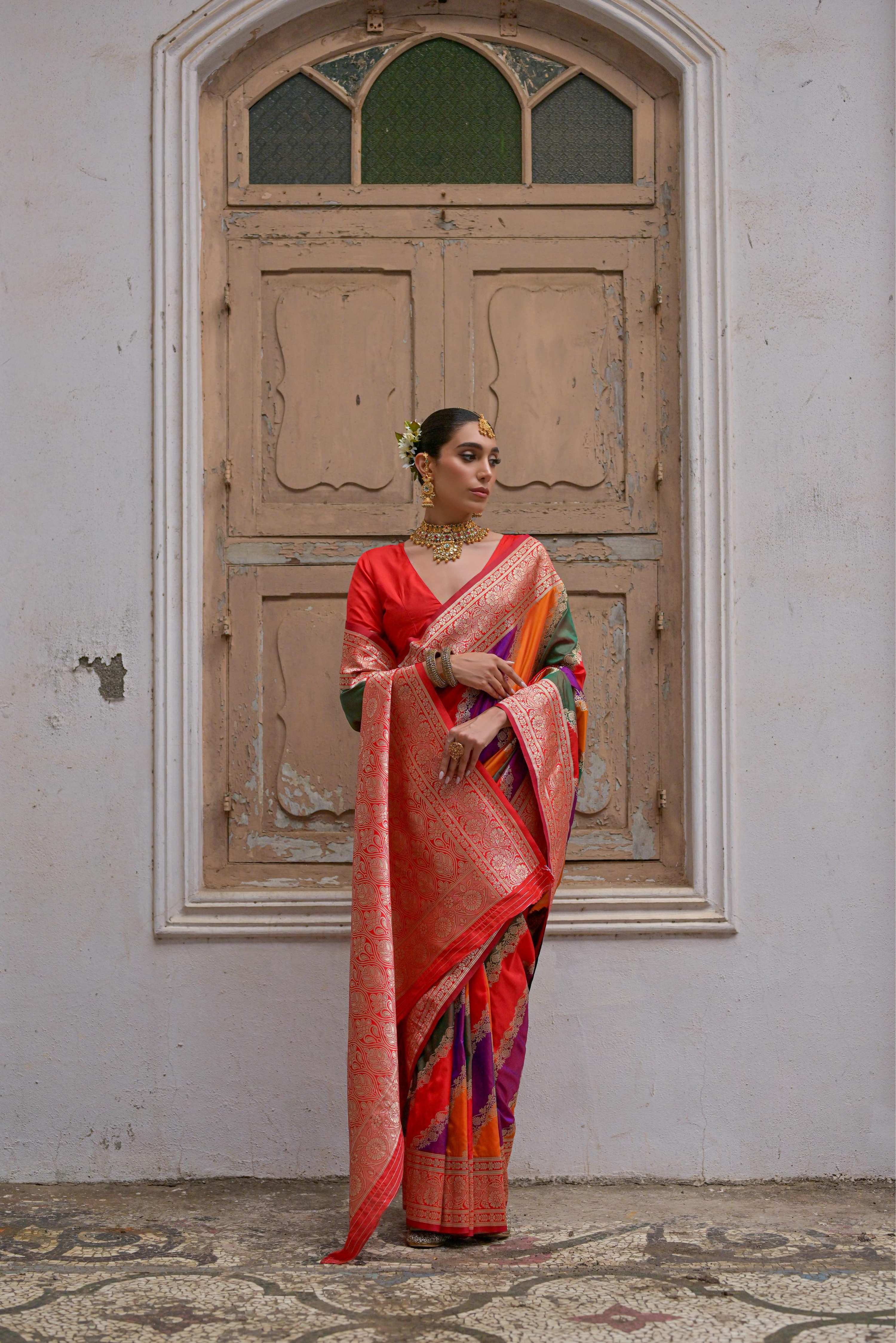 Jyoti Fashion Women's Multicolor Banarasi Silk Zari Woven Saree with Blouse - Image 3