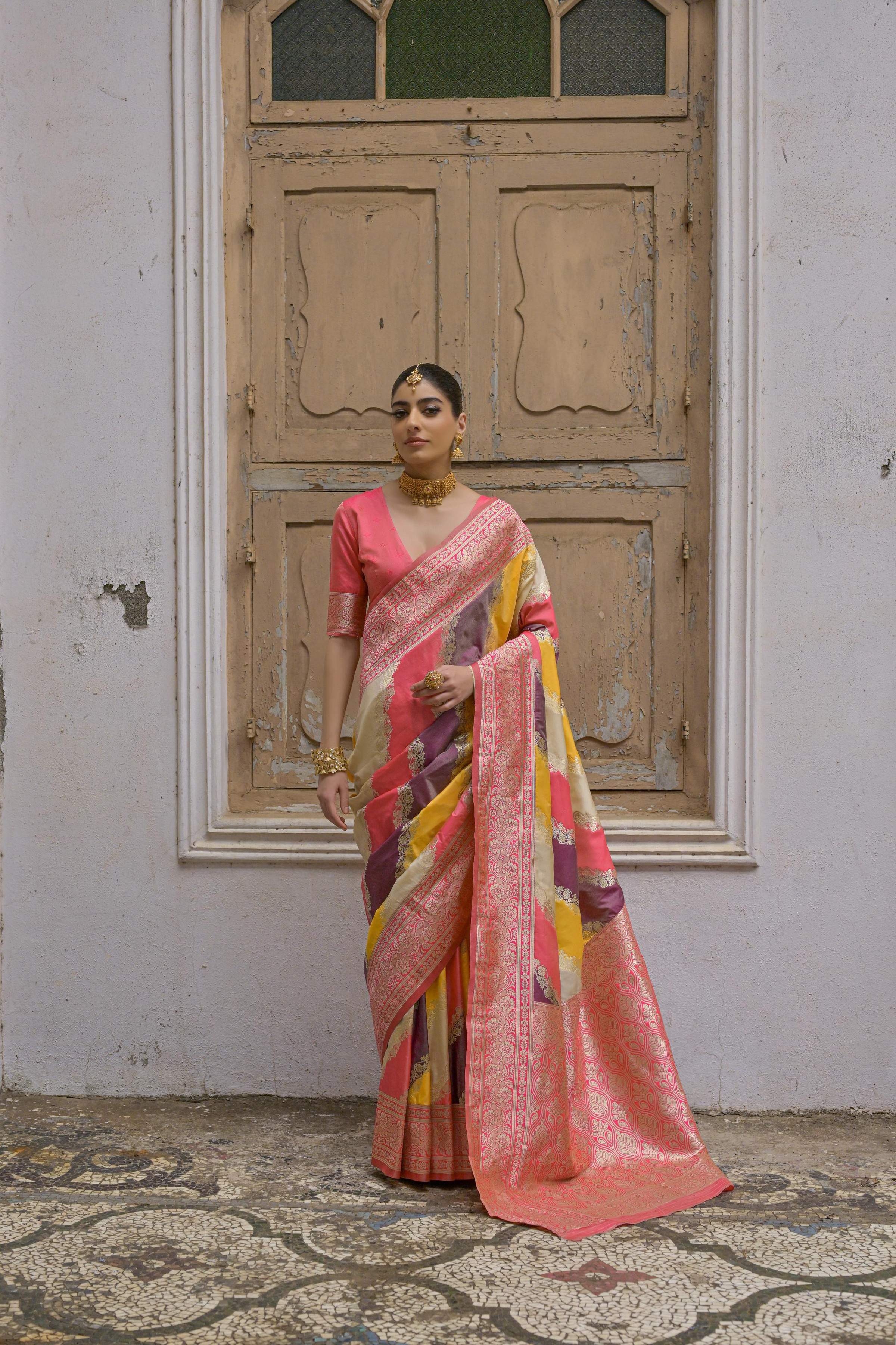 Jyoti Fashion Women's Multicolor Banarasi Silk Zari Woven Saree with Blouse