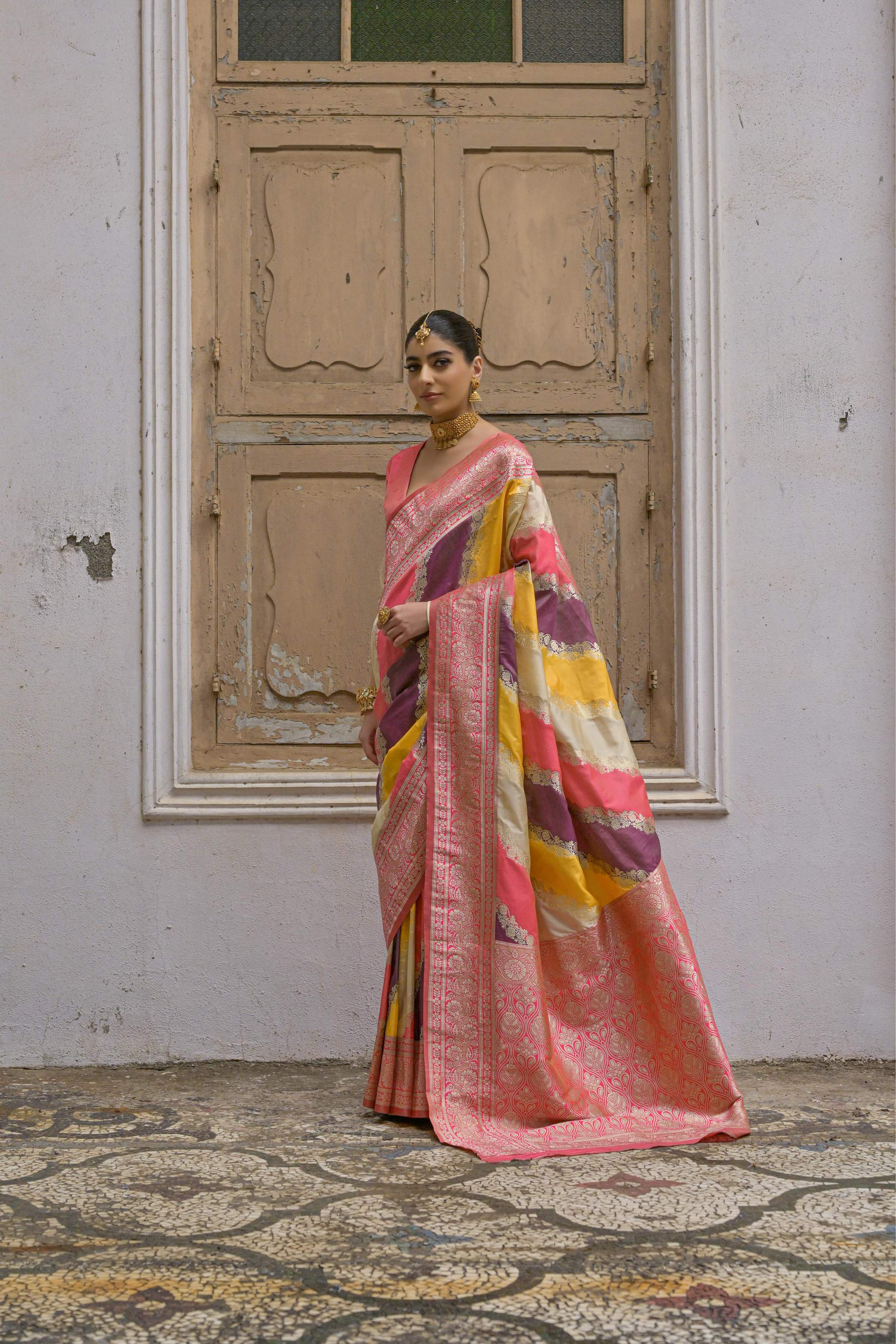 Jyoti Fashion Women's Multicolor Banarasi Silk Zari Woven Saree with Blouse - Image 2