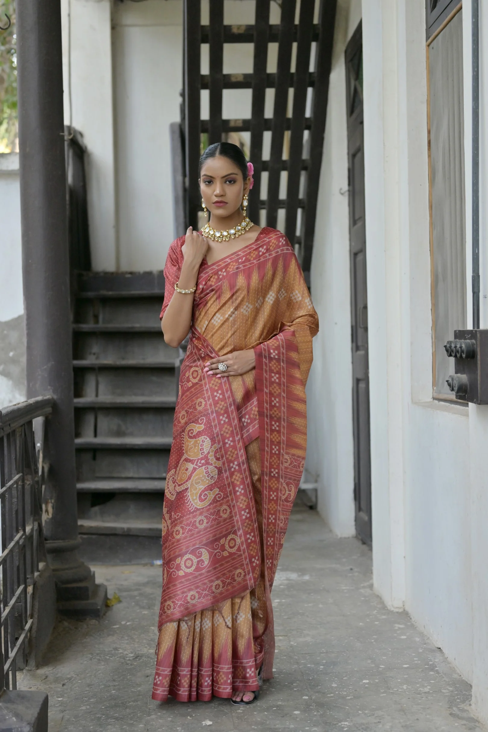 Jyoti Fashion Women's Mustard Soft Tussar Silk Temple Border Saree with Blouse - Image 2