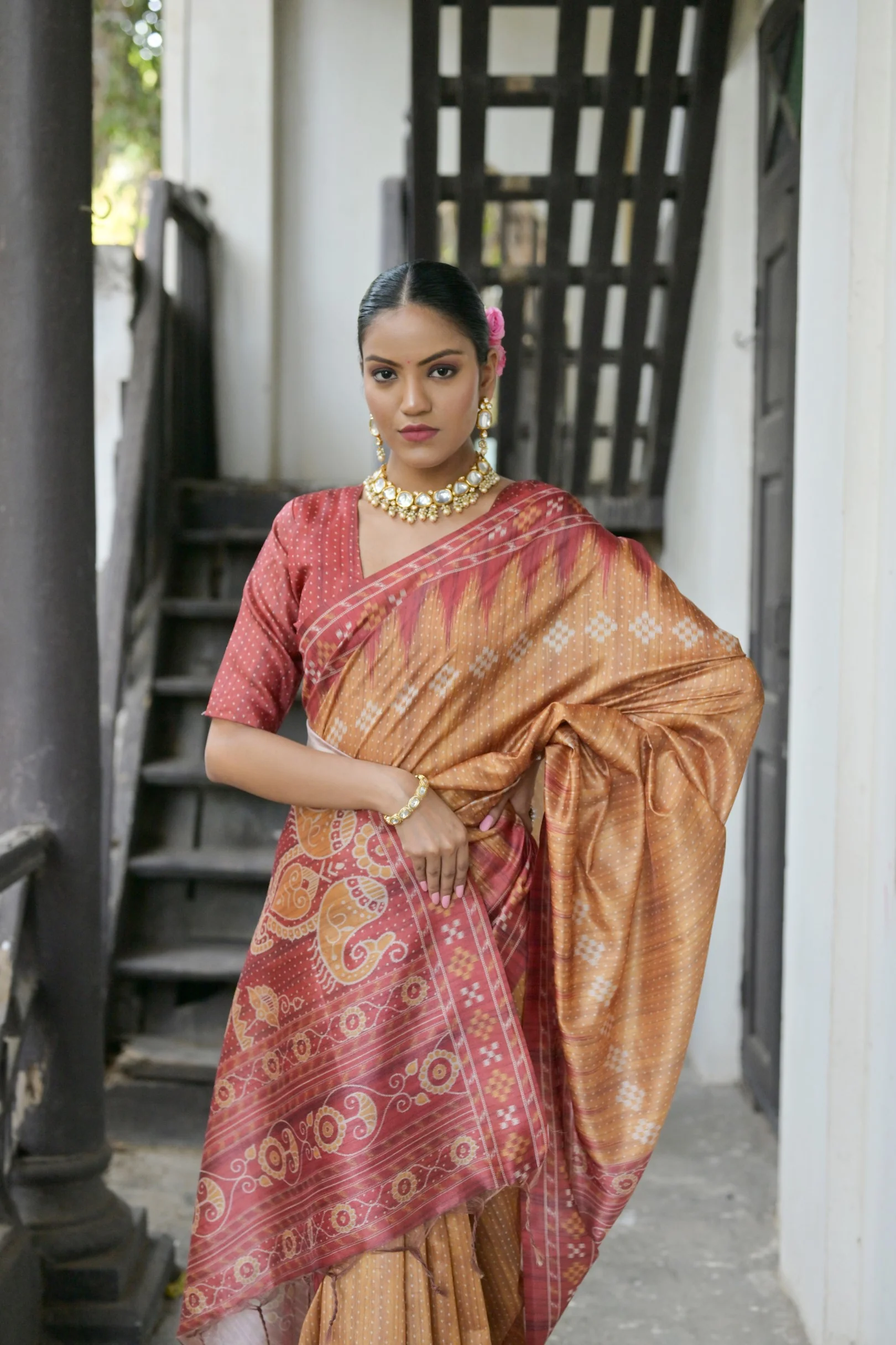 Jyoti Fashion Women's Mustard Soft Tussar Silk Temple Border Saree with Blouse - Image 3