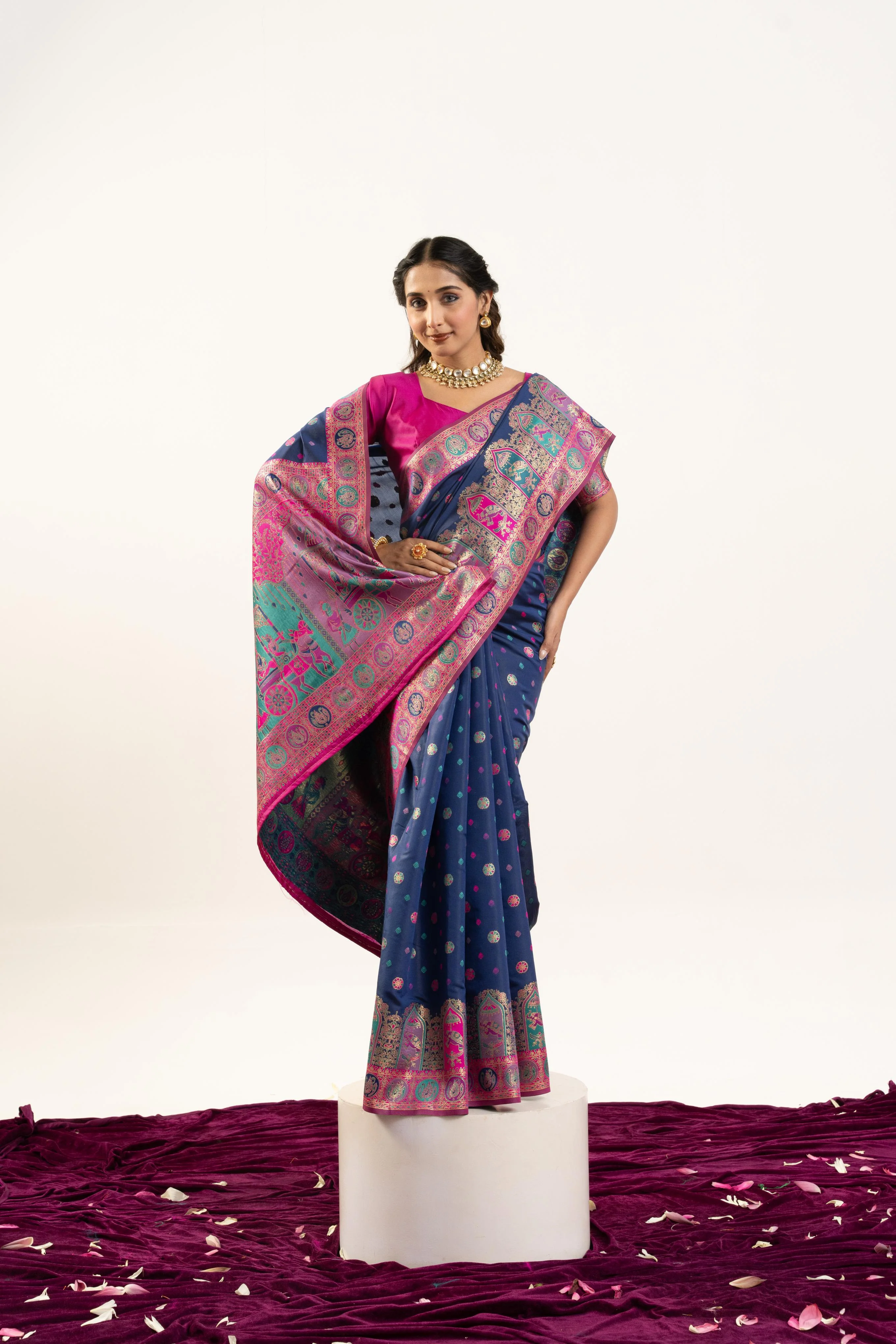Jyoti Fashion Women's Navy Blue Banarasi Pashmina Soft Silk Zari Woven Saree with Blouse