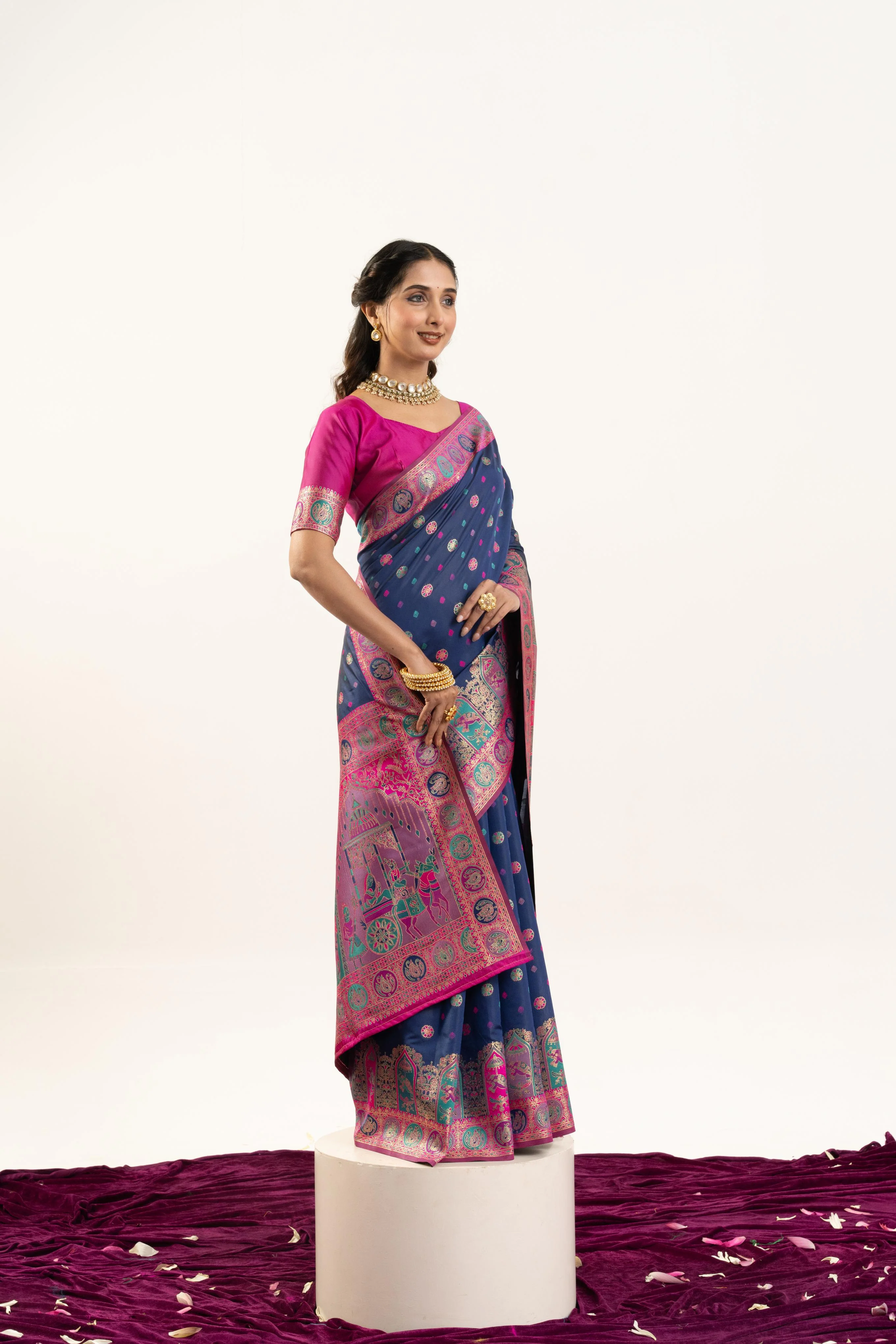 Jyoti Fashion Women's Navy Blue Banarasi Pashmina Soft Silk Zari Woven Saree with Blouse - Image 2