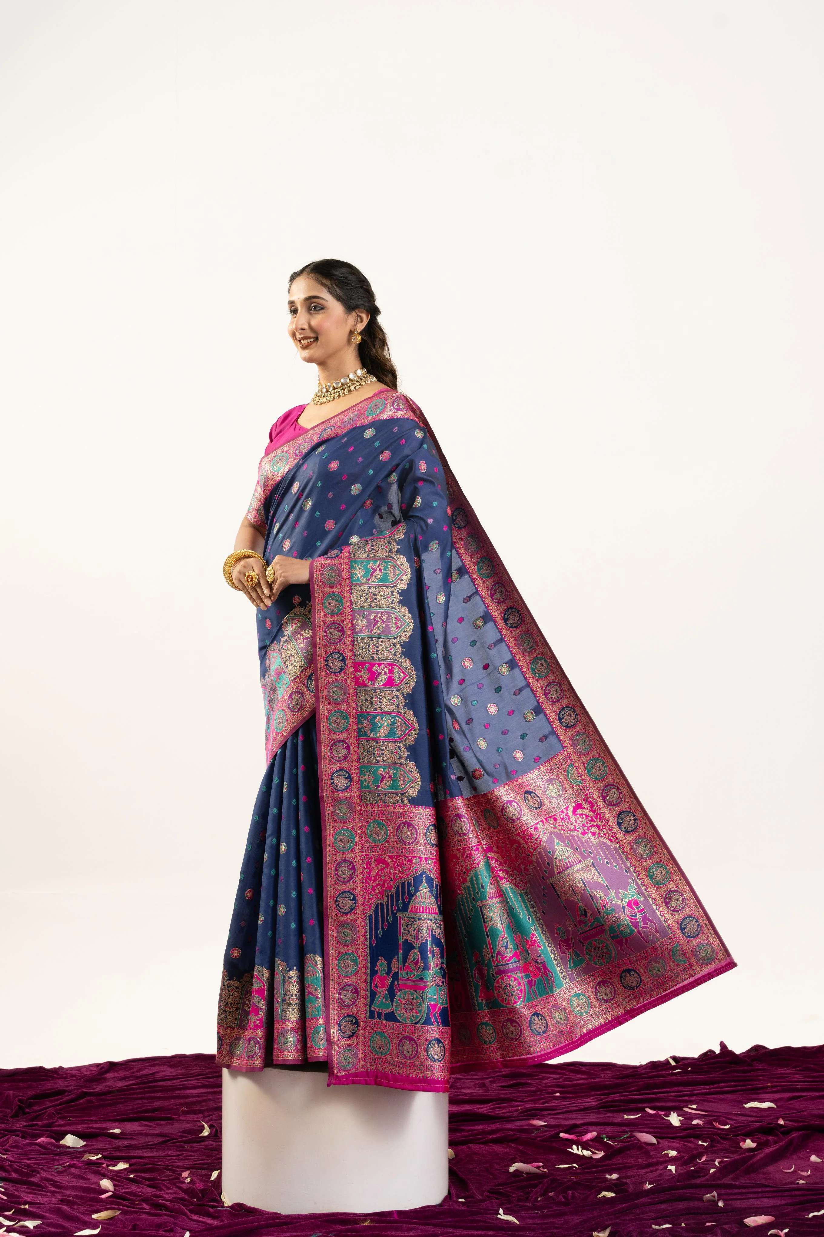 Jyoti Fashion Women's Navy Blue Banarasi Pashmina Soft Silk Zari Woven Saree with Blouse - Image 3