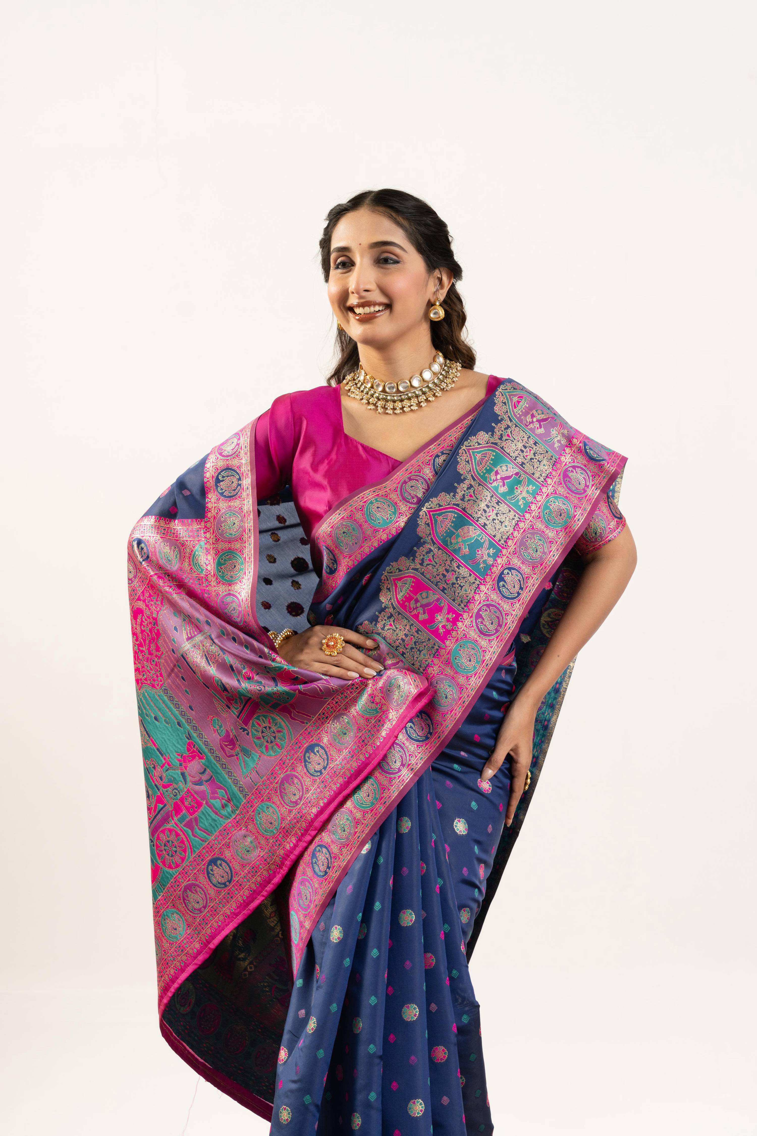 Jyoti Fashion Women's Navy Blue Banarasi Pashmina Soft Silk Zari Woven Saree with Blouse - Image 4