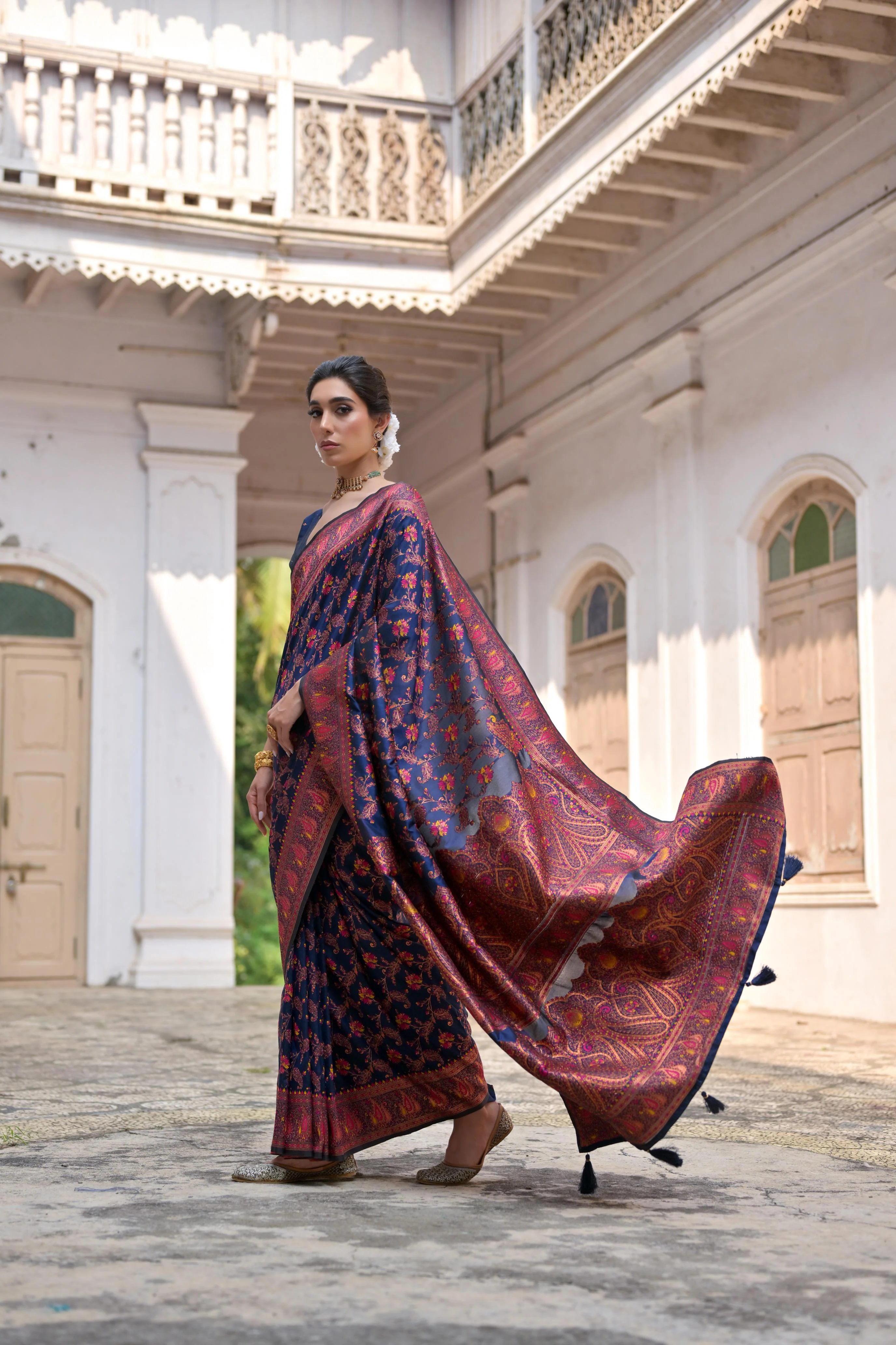 Jyoti Fashion Women's Navy Blue Soft Pashmina Silk Meena Zari Woven Saree with Blouse - Image 2