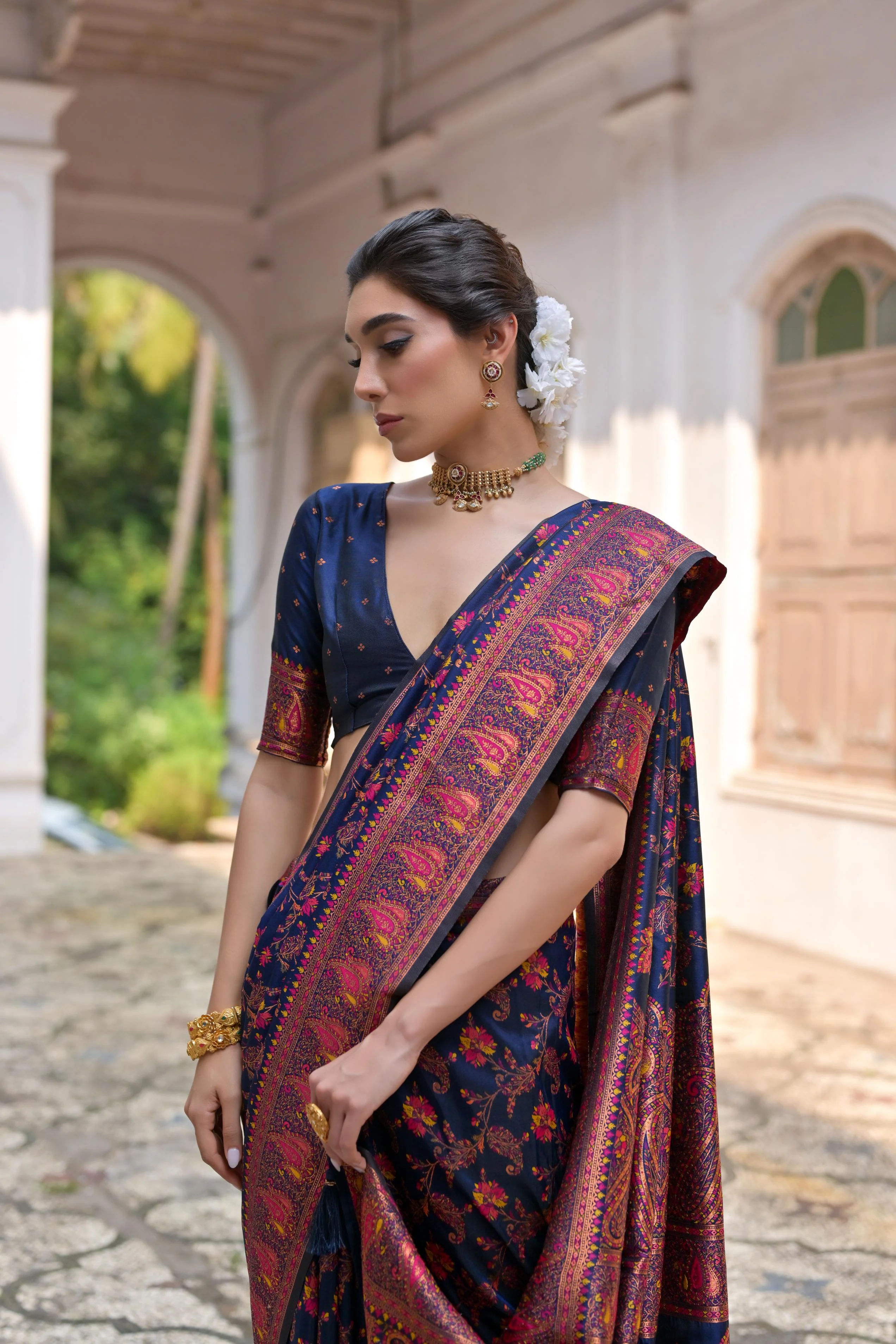 Jyoti Fashion Women's Navy Blue Soft Pashmina Silk Meena Zari Woven Saree with Blouse - Image 4