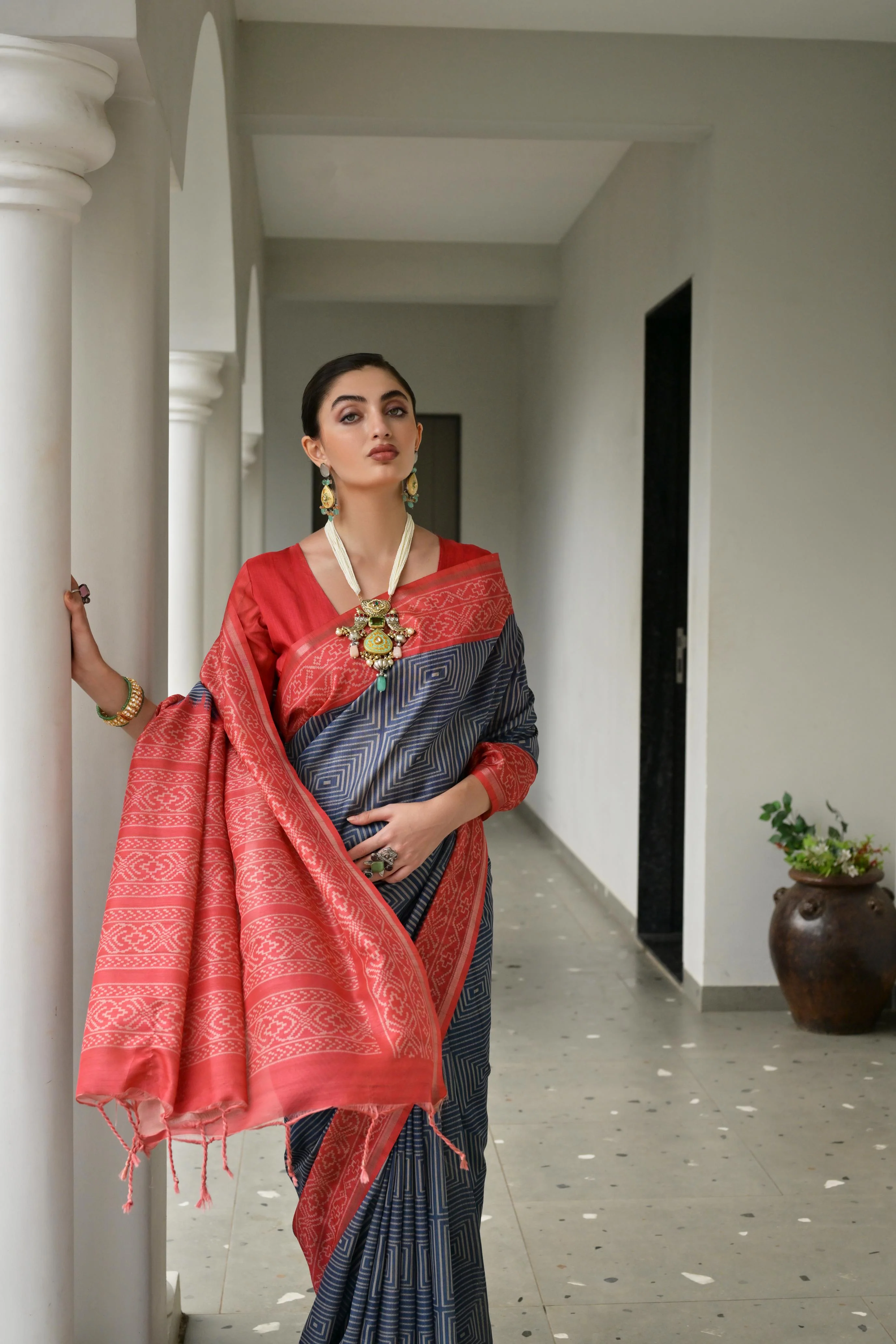 Jyoti Fashion Women's Navy Blue Soft Tussar Silk Ikkat Printed Saree with Blouse - Image 2