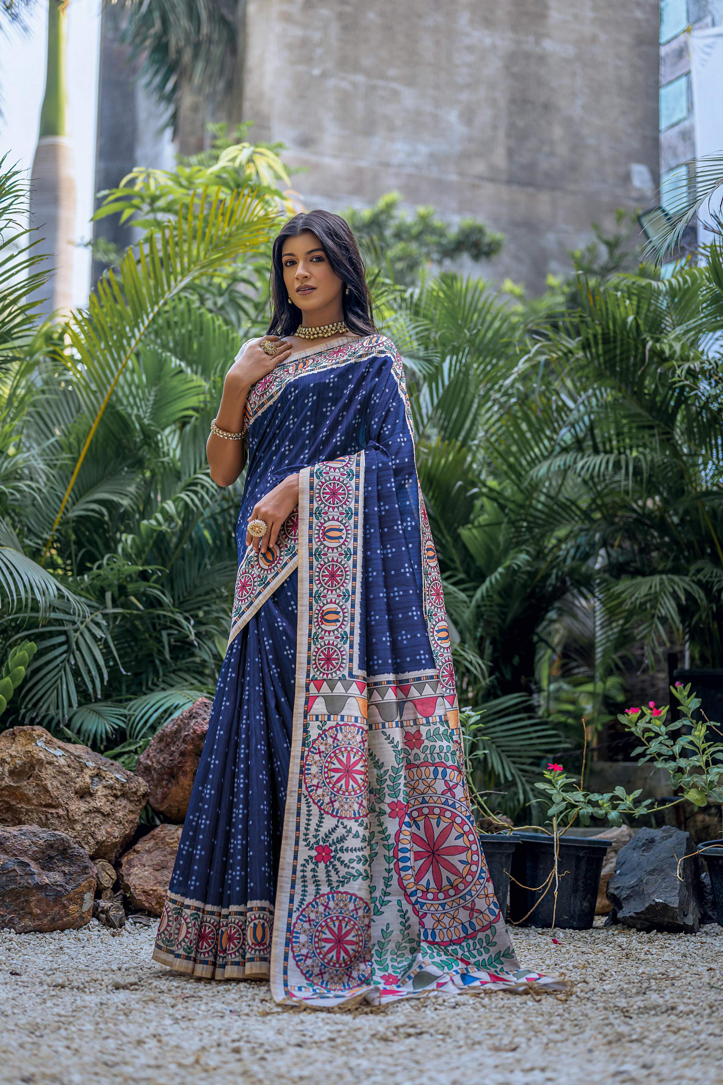 Jyoti Fashion Women's Navy Blue Soft Tussar Silk Madhubani Printed Saree with Blouse - Image 2