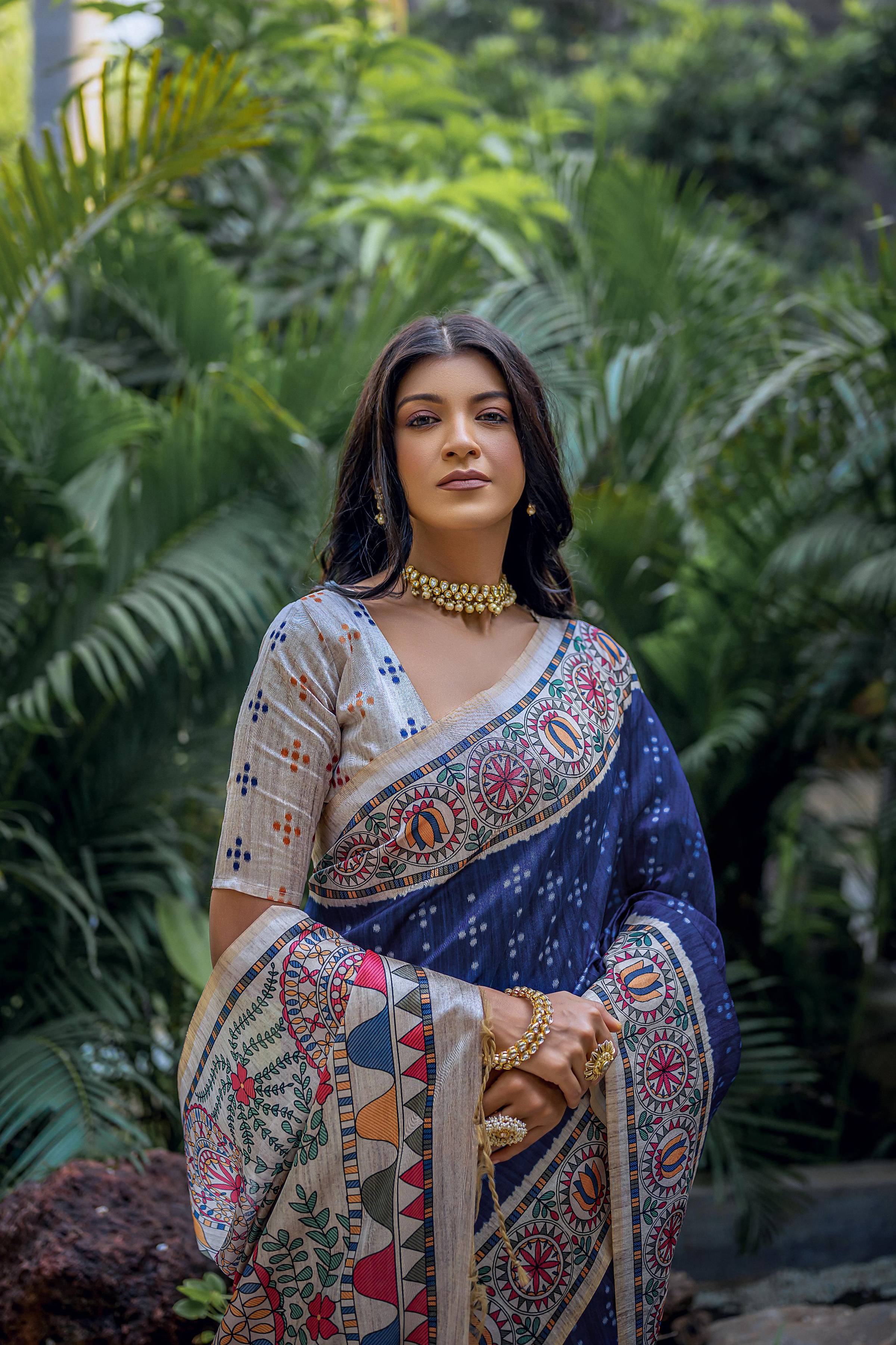 Jyoti Fashion Women's Navy Blue Soft Tussar Silk Madhubani Printed Saree with Blouse - Image 3