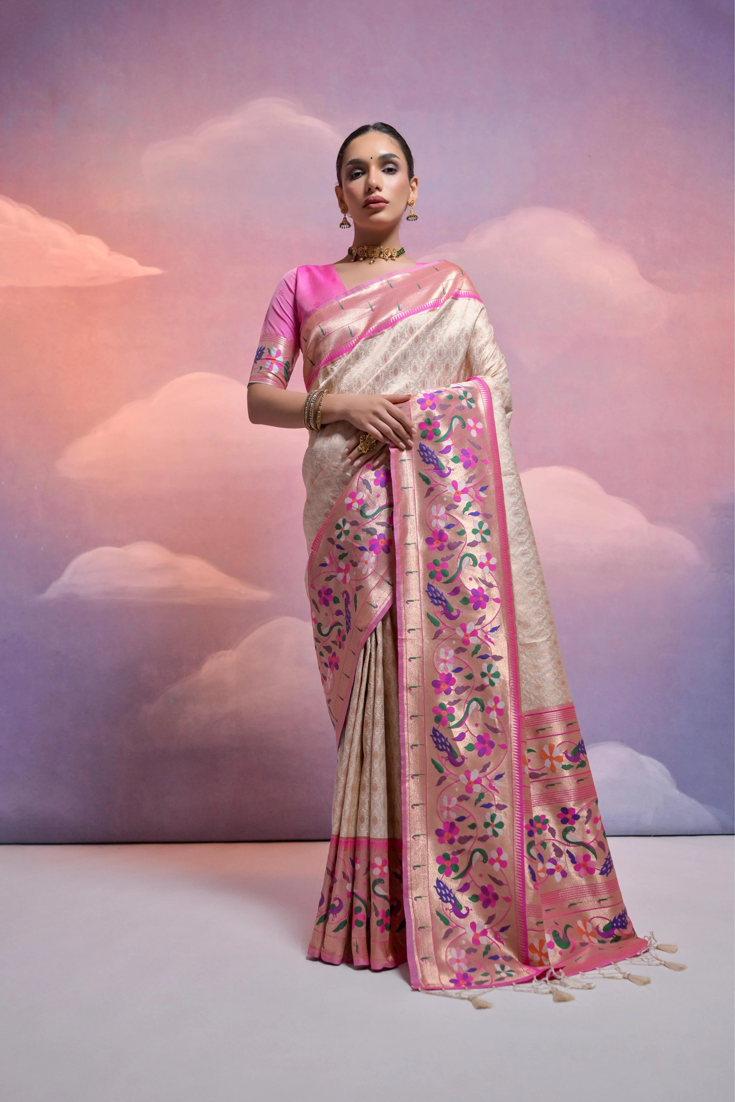 Jyoti Fashion Women's Off White Paithani Silk Zari Woven Saree with Blouse