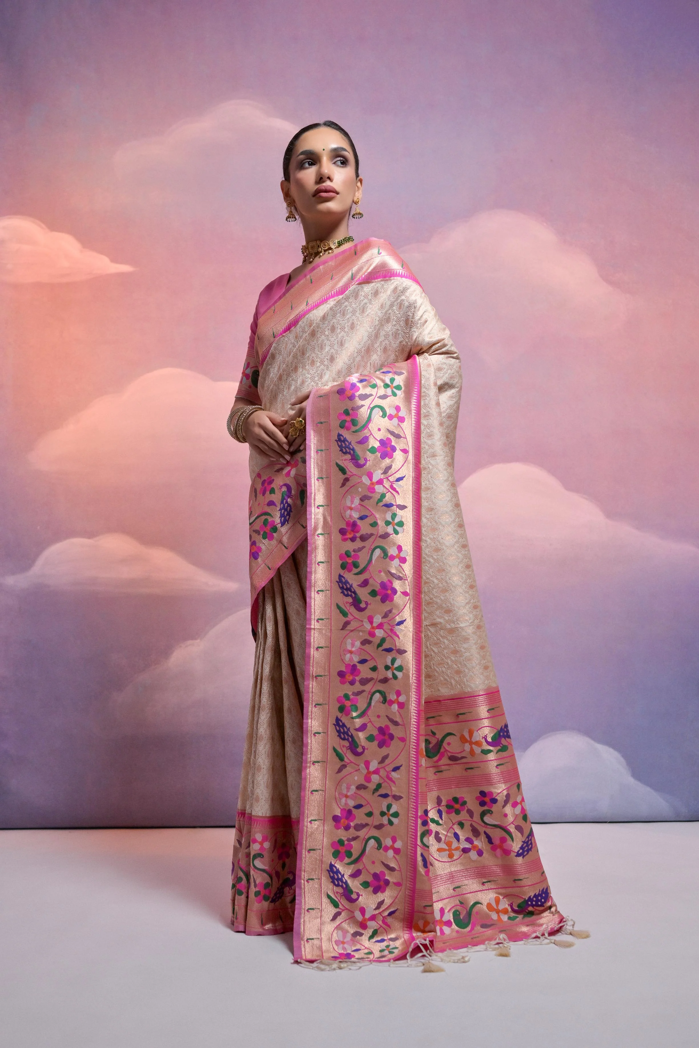 Jyoti Fashion Women's Off White Paithani Silk Zari Woven Saree with Blouse - Image 2