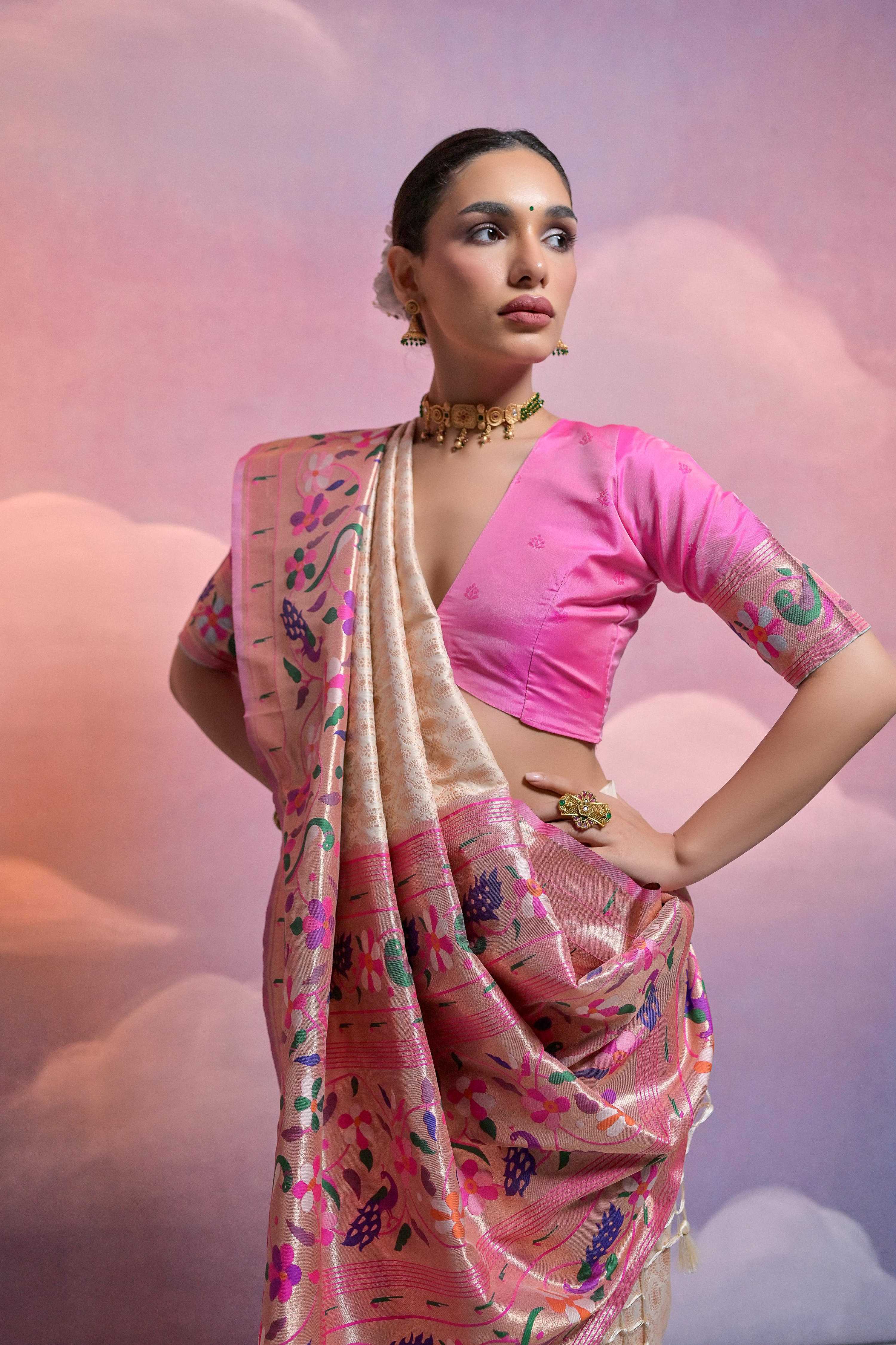 Jyoti Fashion Women's Off White Paithani Silk Zari Woven Saree with Blouse - Image 3