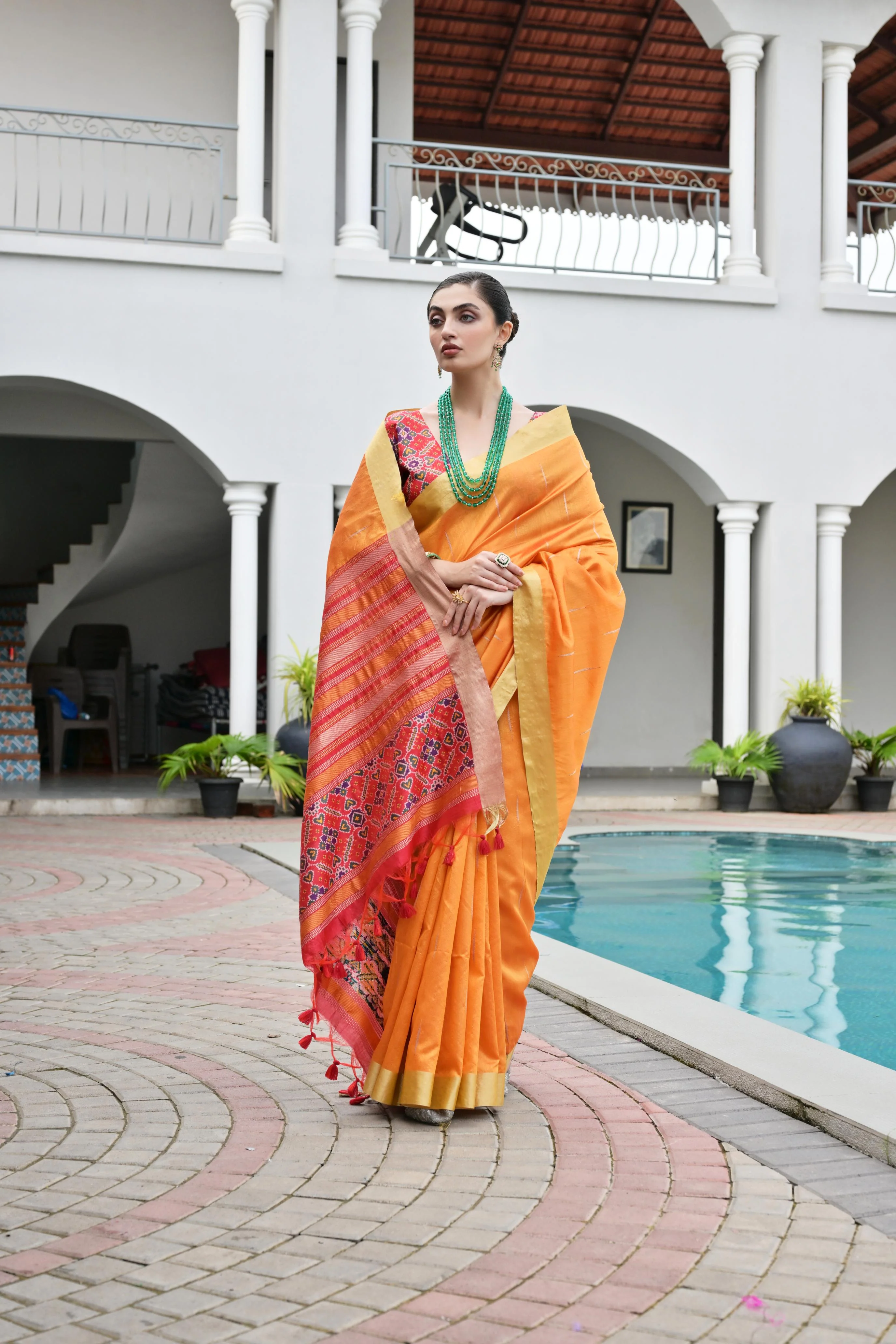 Jyoti Fashion Women's Orange Khadi Raw Silk Meena Weaving Patola Saree with Blouse - Image 2