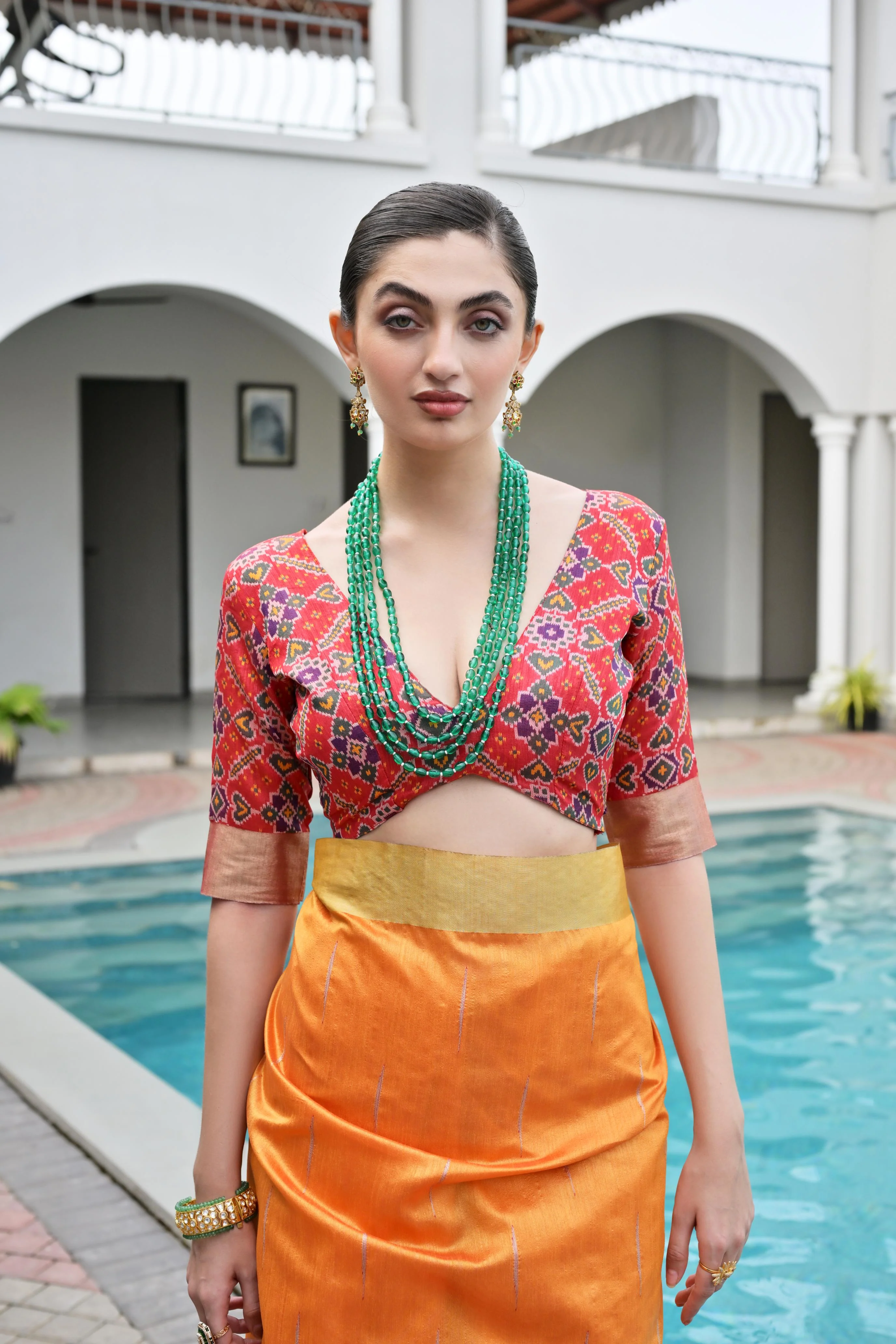 Jyoti Fashion Women's Orange Khadi Raw Silk Meena Weaving Patola Saree with Blouse - Image 3